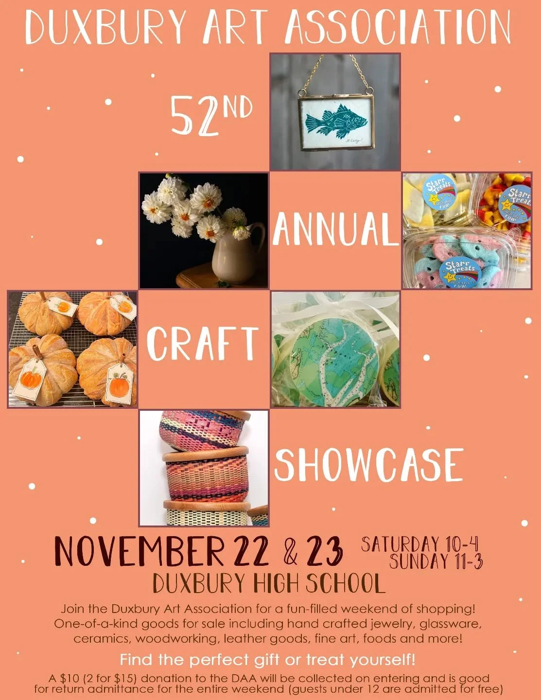 The Duxbury Art Association&rsquo;s 52nd Annual Juried Craft Showcase

Duxbury High School 

Saturday Nov. 22nd 10am-4pm

Sunday Nov. 23rd 11am-3pm. 

This special event features hand-crafted items from our very own talented New England artists and c