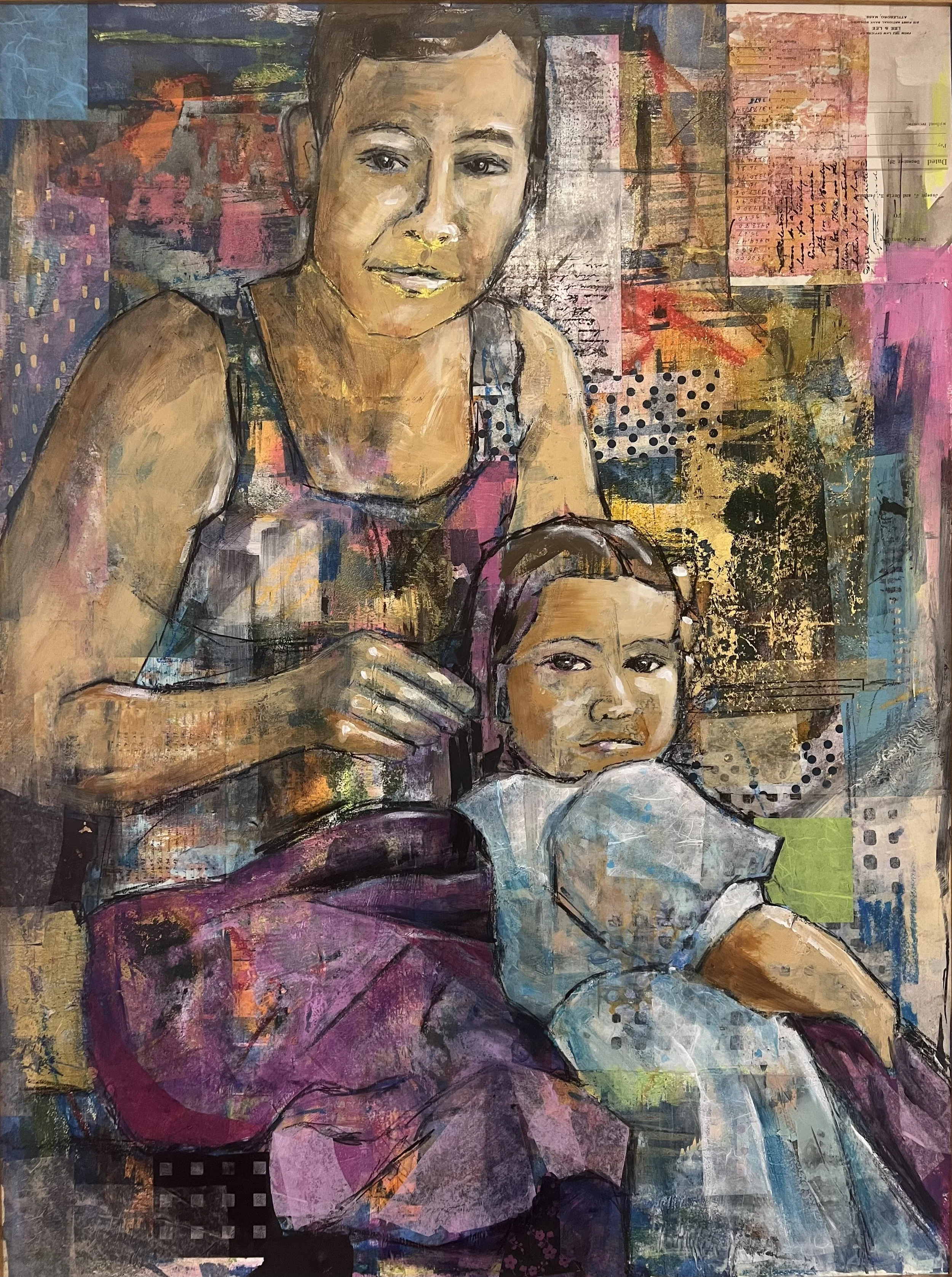 Second Place Mixed Media, Susan Casey, "Reassuring Embrace", Intimate bond between Mother and Child, Paper, stencil, oil pastel, acrylic on board, 32x42, $1,200