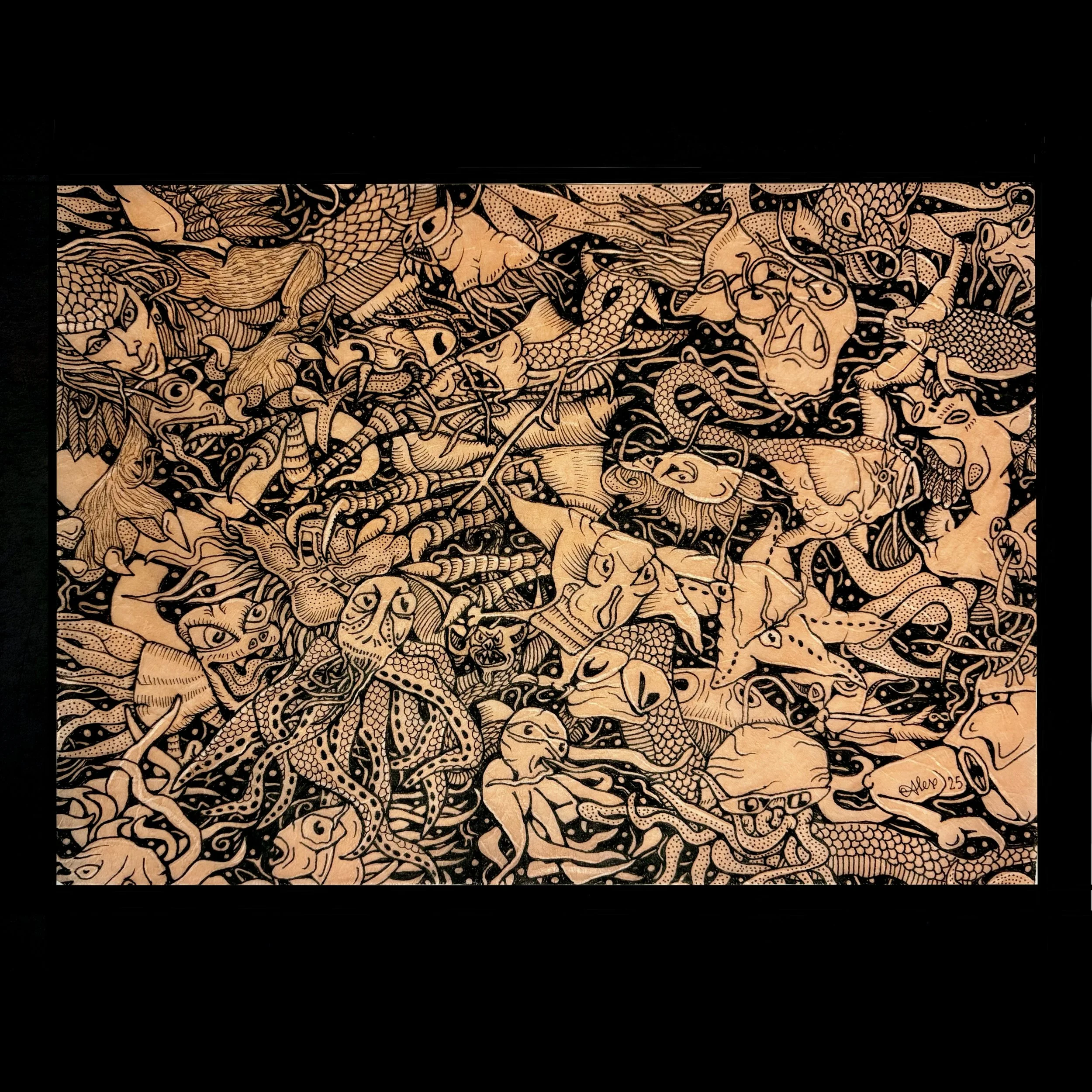 Second Place Pastel or Drawing, Alexandra Leaver, "Outer Deep", Ink on Unryu paper, Study for Lovecraft inspired graphic story, 9x6, $800