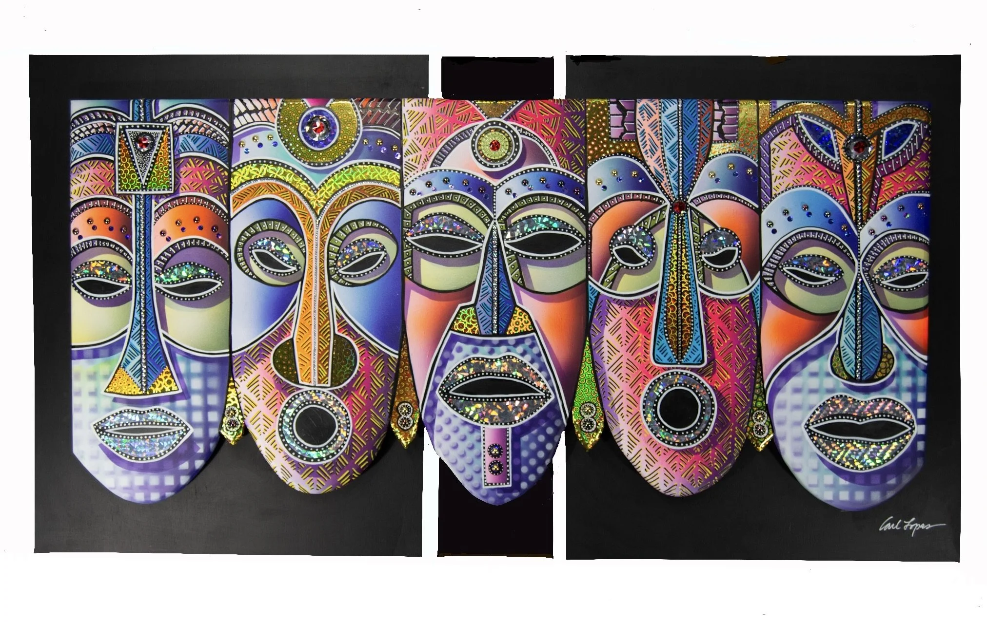 Carl Lopes, "Hold That Note", Colorful African mask portraits, acrylics, holographic papers, beads and poly resin on birch panels, 55x30, $8,500