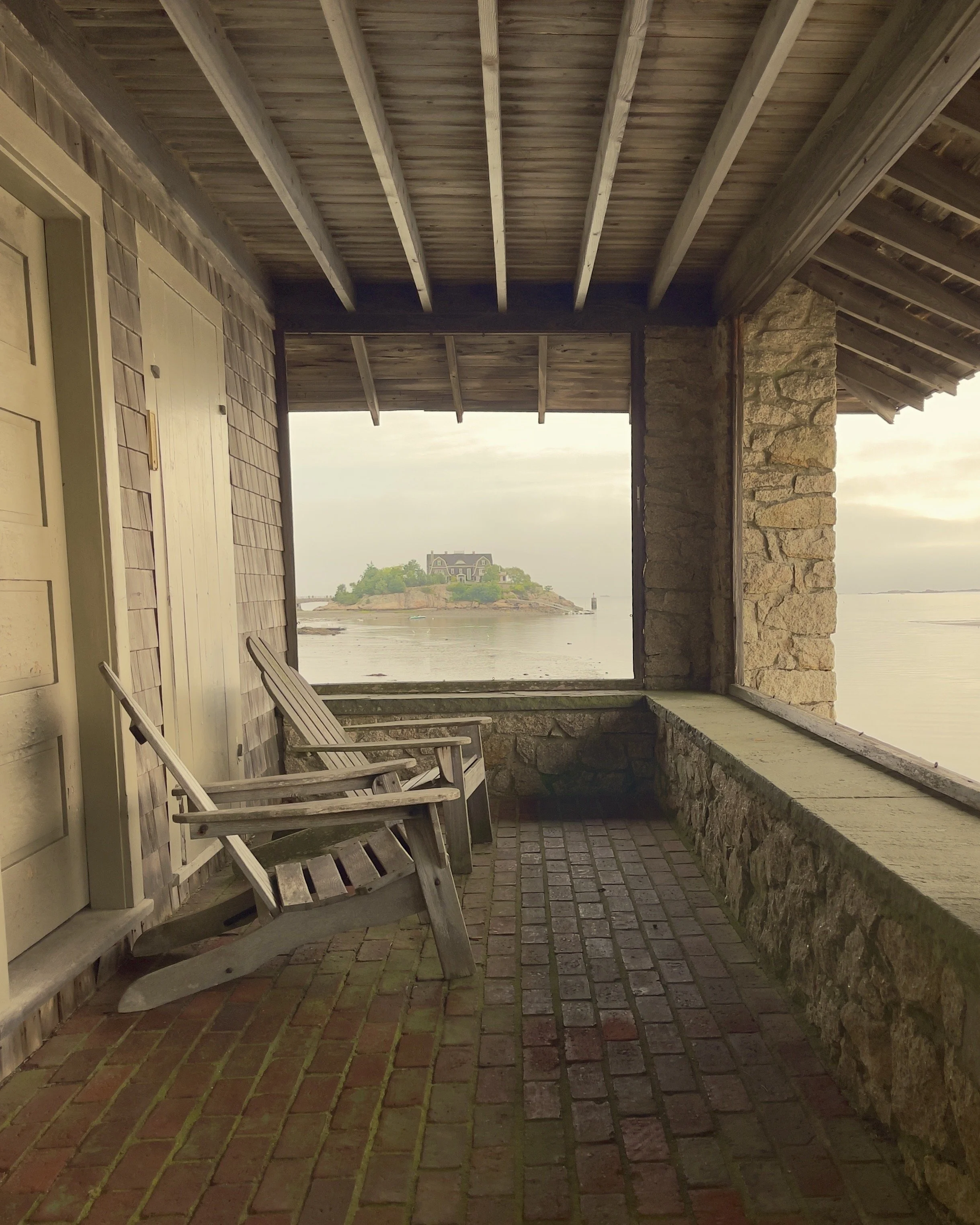 Second Place Photography, Barbara Canney, "Harbor View", Adirondack chairs in a cozy boat house where many visit to rest, 20x24 $400 