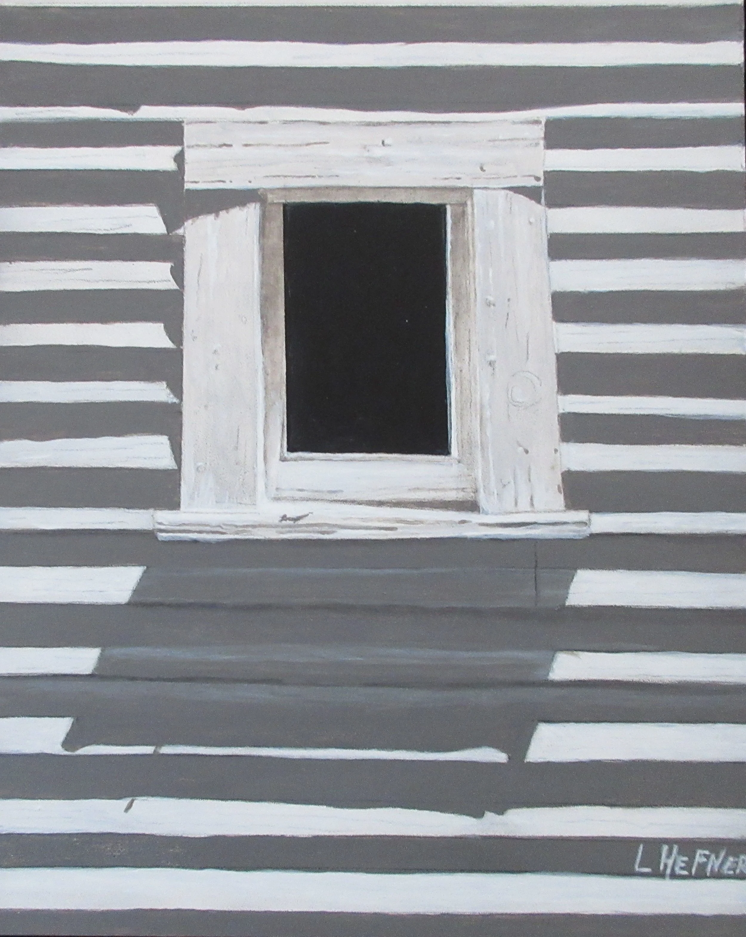 Linda Hefner, "Back Barn Window". Choice of subject in rural New Hampshire depicting light and shadow of an old barn window.		Acrylic on panel, SOLD