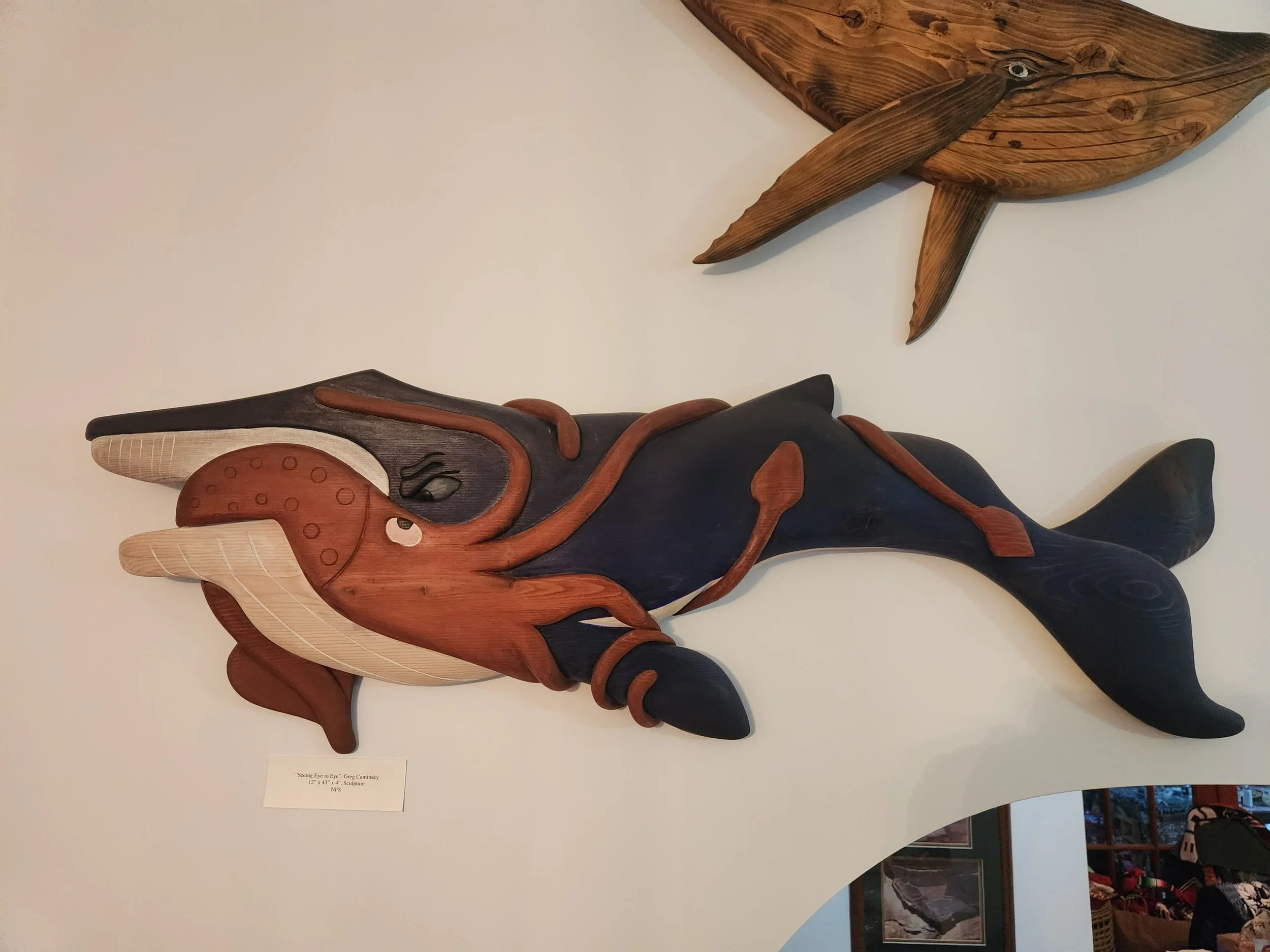 Greg Caminskey, "Eye to Eye", Whale and squid entangled, 12x43x4, Oak, NFS 