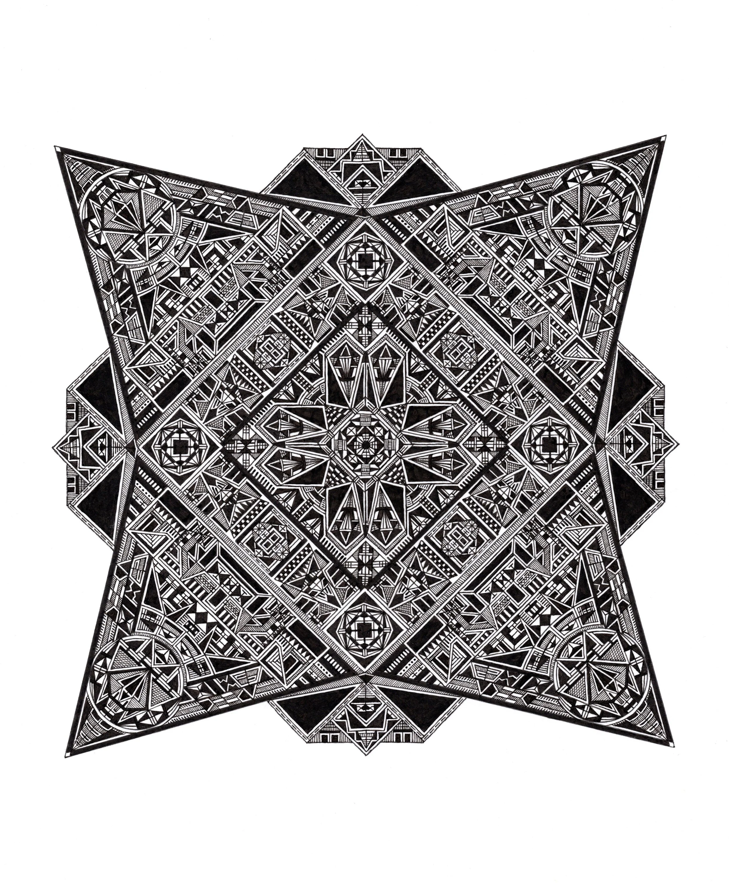 Katherine Desy, "Crystal". This piece depicts a diamond ring but as you zoom in, reveals a number of other smaller, extremely detailed drawings and shapes. Pen and Ink, $500