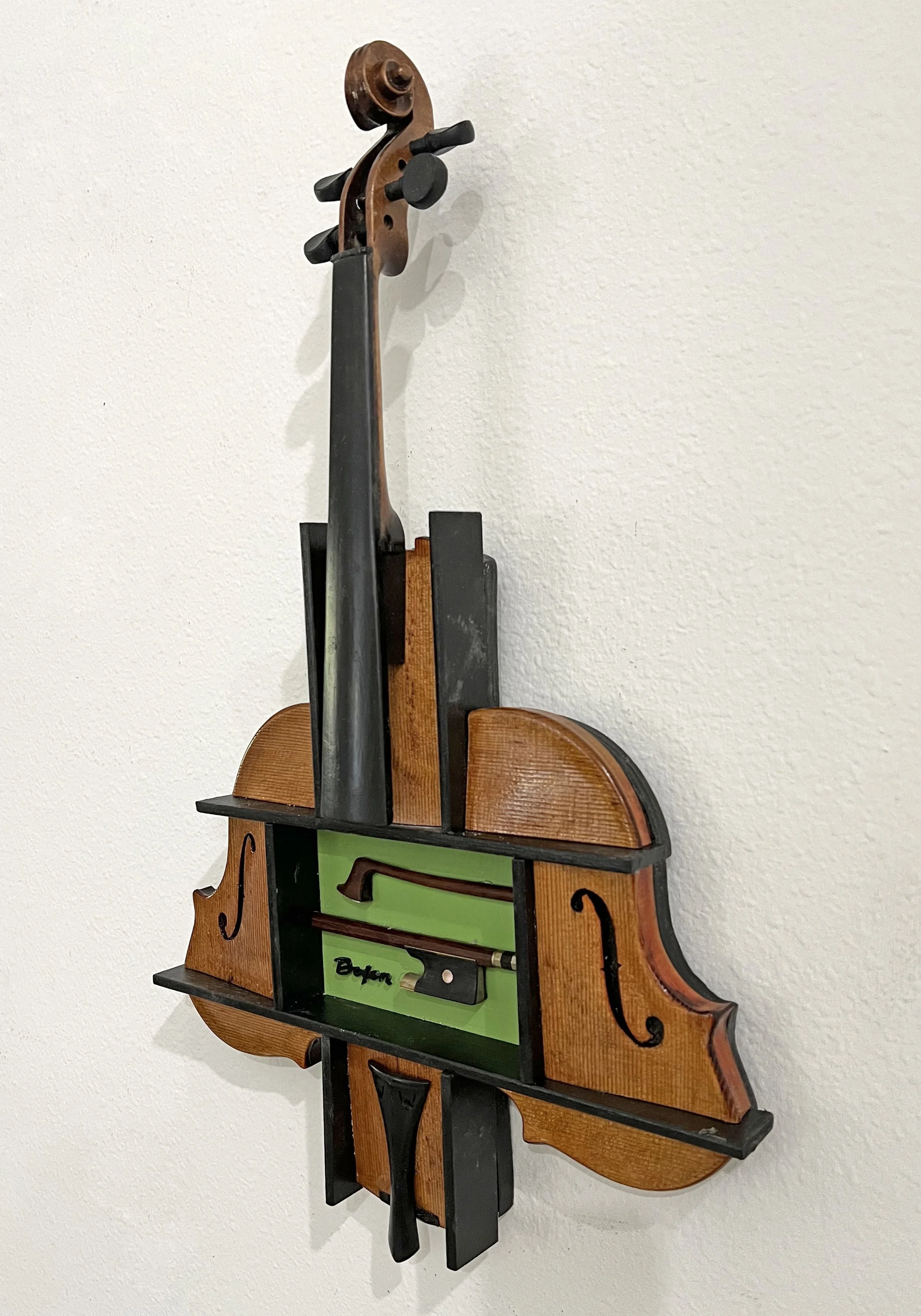 J. Dixon Bergman, "Violin with Bow", Antique violin and bow cut apart and re-imagined in the Cubist style,  24x14.5x4,  $950