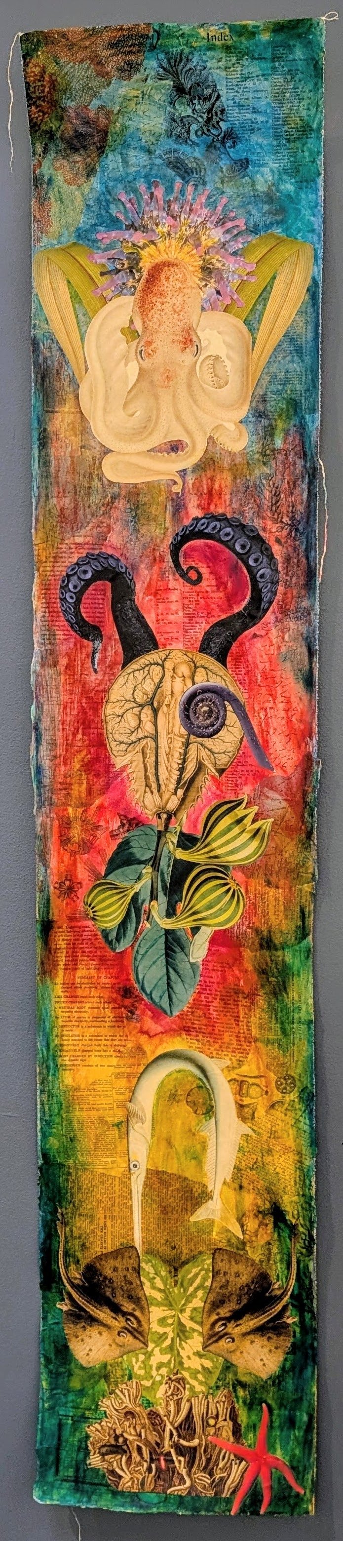 Third Place Mixed Media, Mandy Fariello, "Octopus' Garden of Good and Evil", Collage of vintage books and images and acrylic paint on raw canvas, 12x60, SOLD