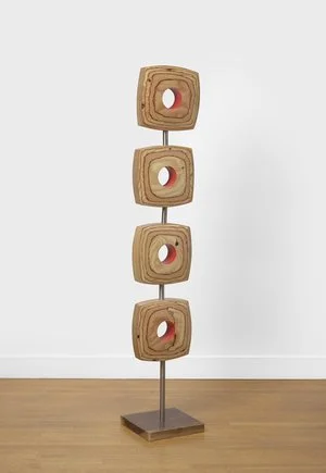 Jared Hadfield, "Untitled", Tower of 4 wood square shapes with red hollow centers,  		Engineered wood, walnut, & stainless steel, 	 $1,800