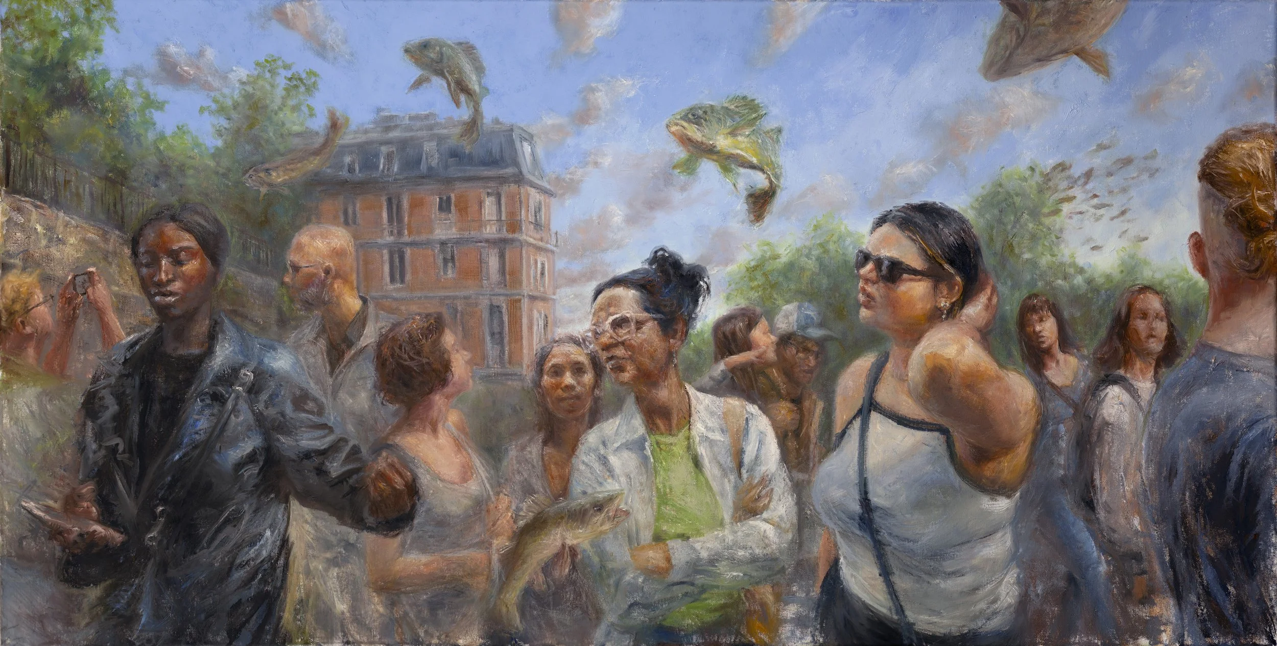 Third Place Painting, Jason Cheeseman-Meyer, "Unity: Square Louise Michel". Fish swim through the sky as pedestrians make their various ways through the park. Oil on Linen, 48x24,  $3,200