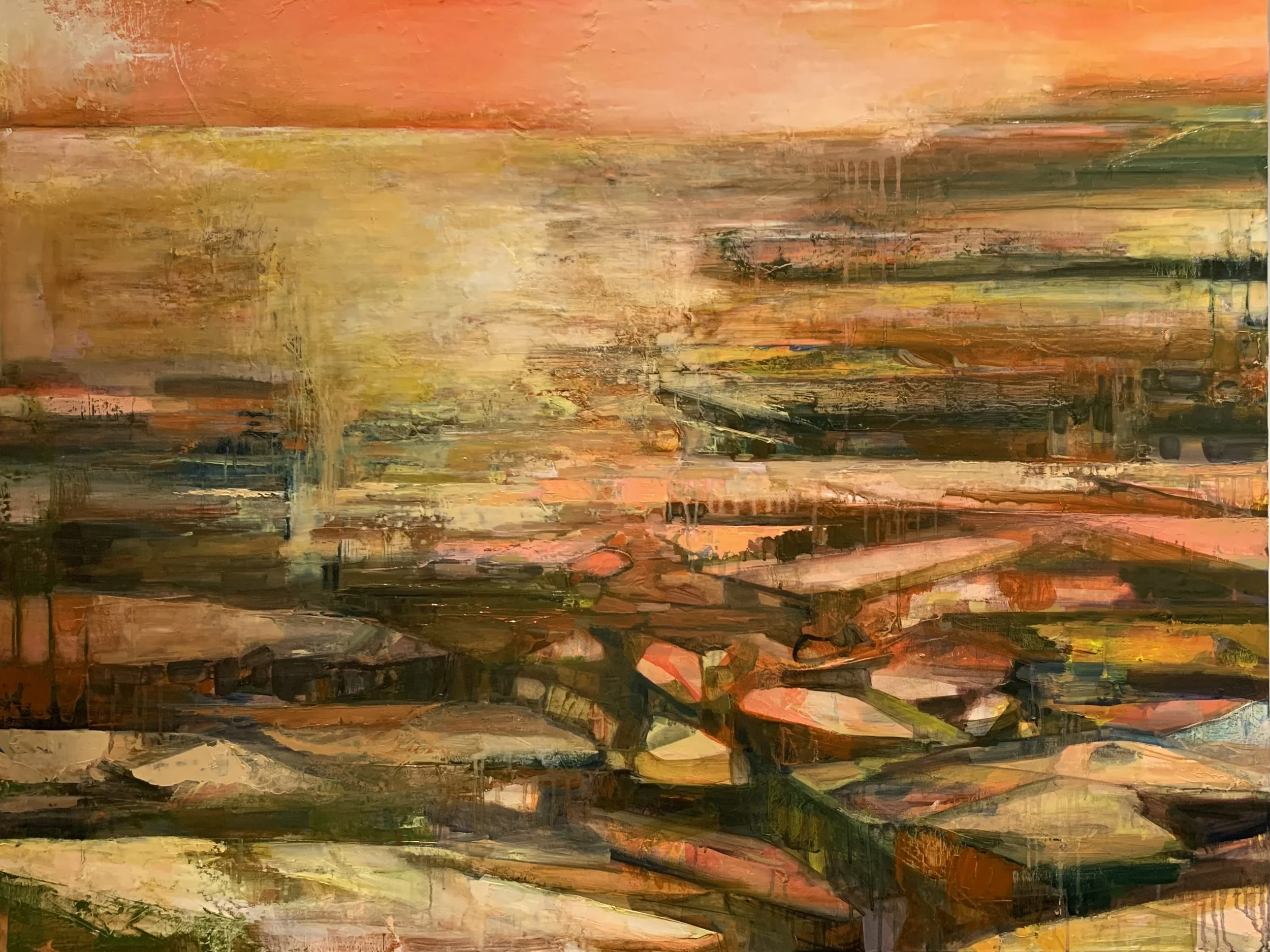 Karen Cass, Late Day Light, Oil on Canvas. Capturing the fleeting moment of the last glowing light of day over rocky surfaces and reflective water. 36 x 48in, $2,400