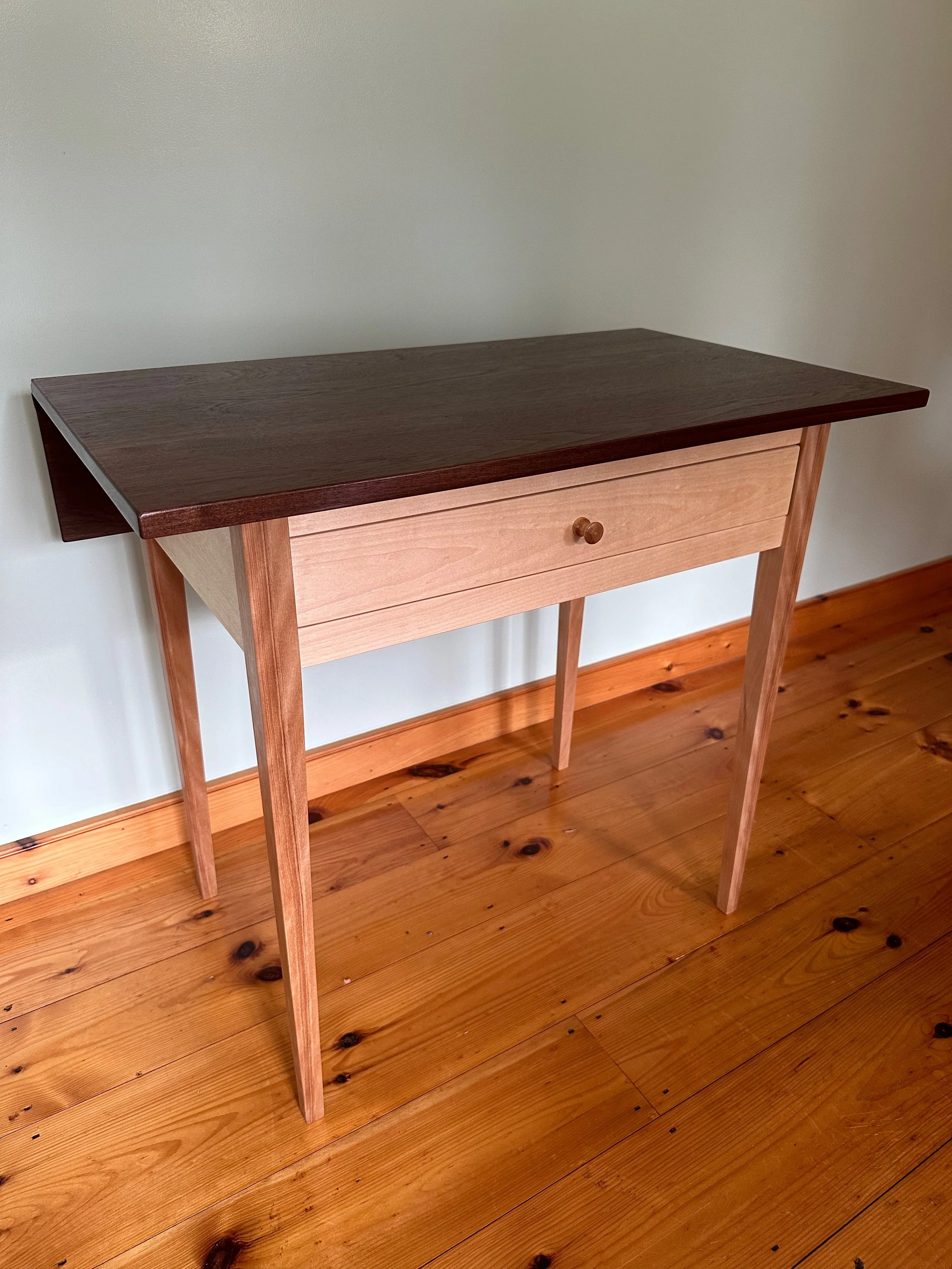 Dwight Fowler, "Drop Leaf Table with Drawer", Side table with single drop leaf, front drawer, Pembroke legs, 32.5 x19.5/25.5x29,  Walnut and Birch, $3,800