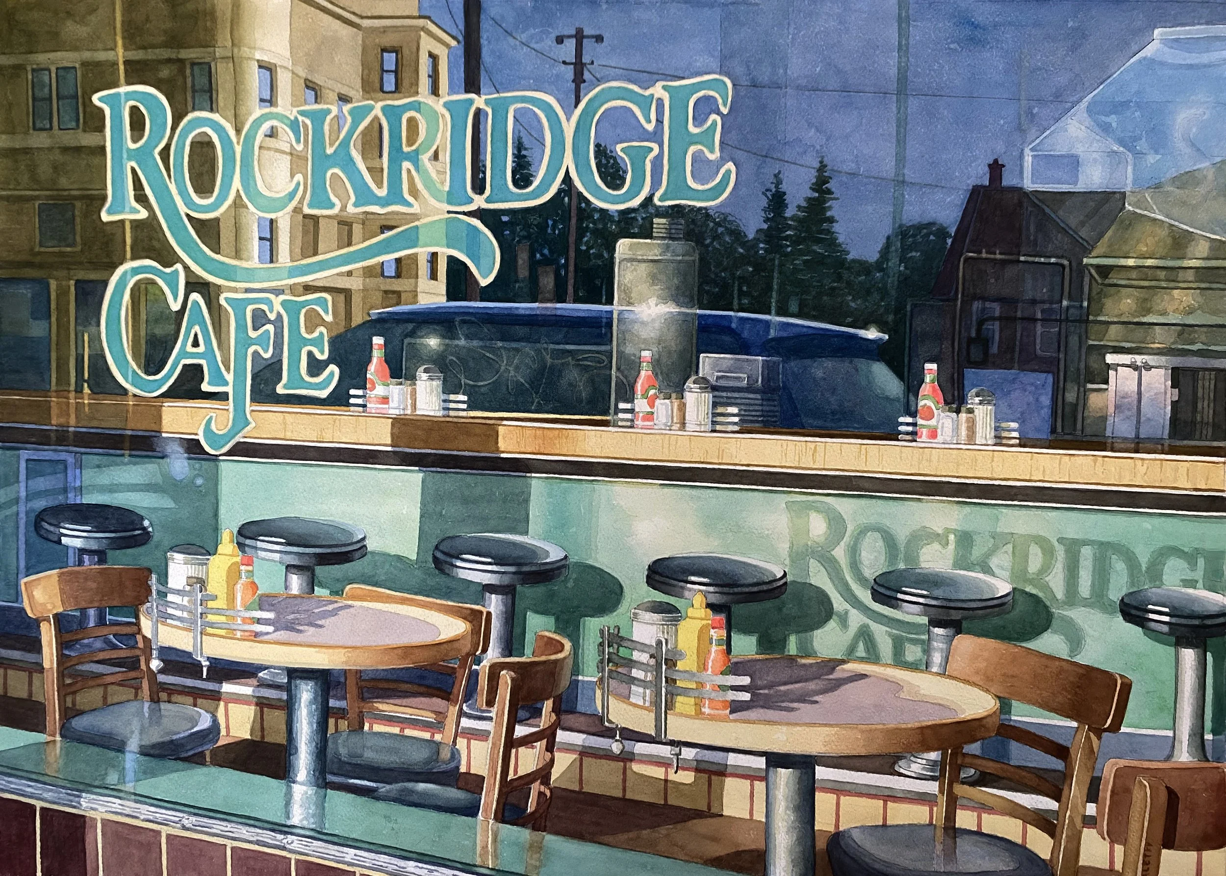 Becky Haletky, "Rockridge Cafe",	28x36, Watercolor, $2,400