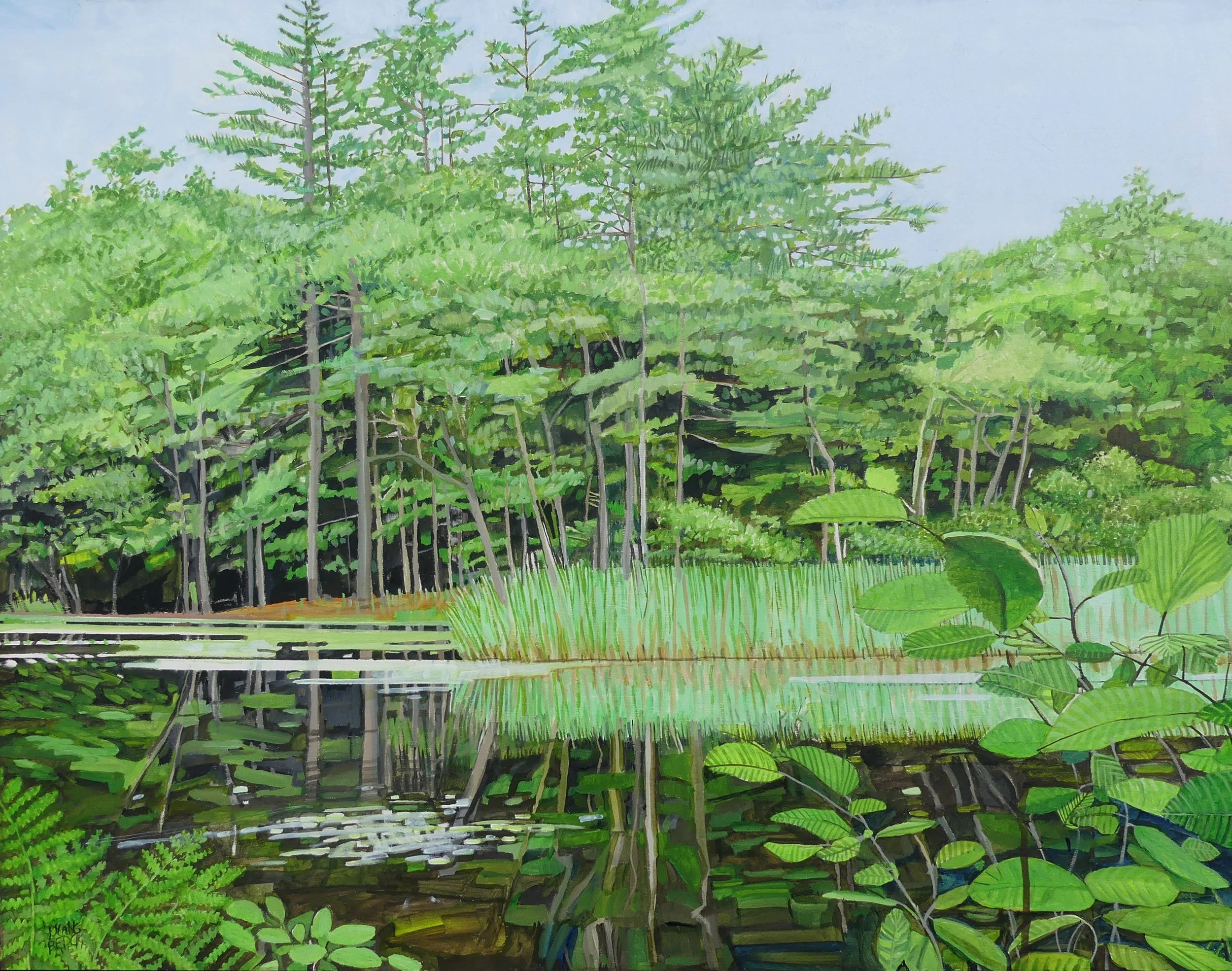 Pamela Redick, "Woodland Magic". There are places of exceptional beauty and tranquility. To remember that overwhelming peacefulness I will paint the scene so that hopefully, the viewer will feel that same thing. 22x28, Acrylic on wood, $2,800 