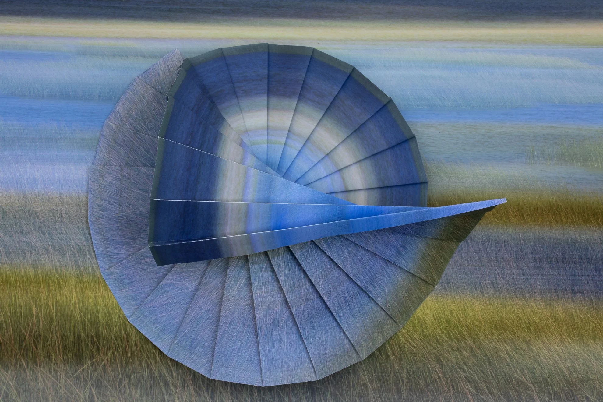 First Place Photography, Lisa Redburn, "Saltmarsh Revisited", Photographs folded and collaged onto a photograph, to create a 3-D image.	12x14	 $350