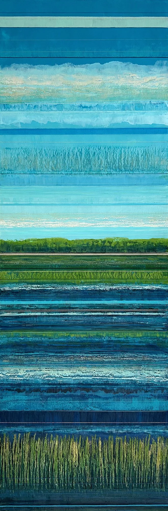 Hilary Hanson Bruel, "Salt Marsh II", 36 x 12,	Encaustic with thread and pastel, SOLD