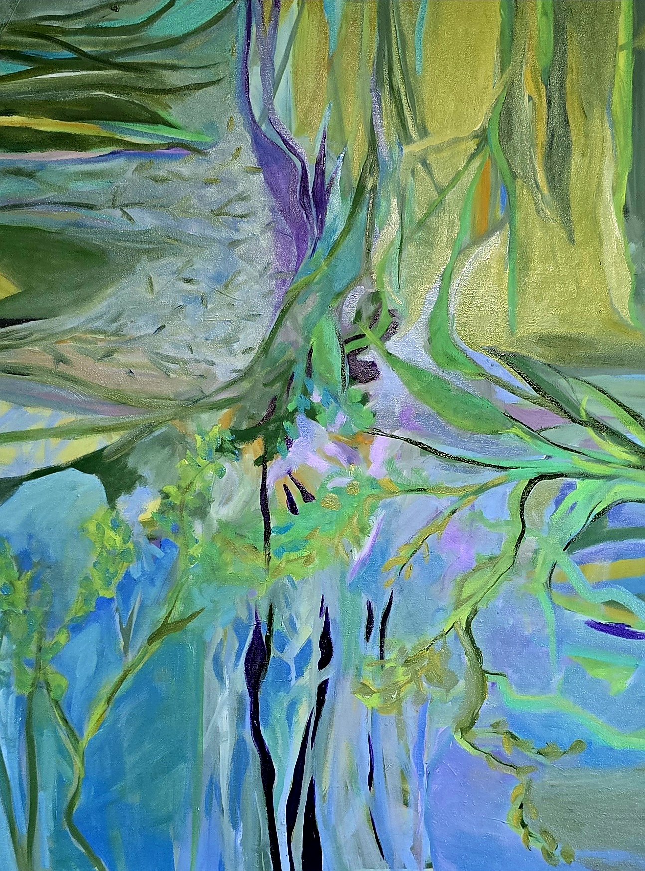 Lorraine Agri, "Thicket". This abstract piece explores nature's energy through sweeping greens and deep violets. Vertical drips and organic lines create a sense of depth, mimicking the feeling of standing deep within a sun-drenched grove. 50x40,	Oil 