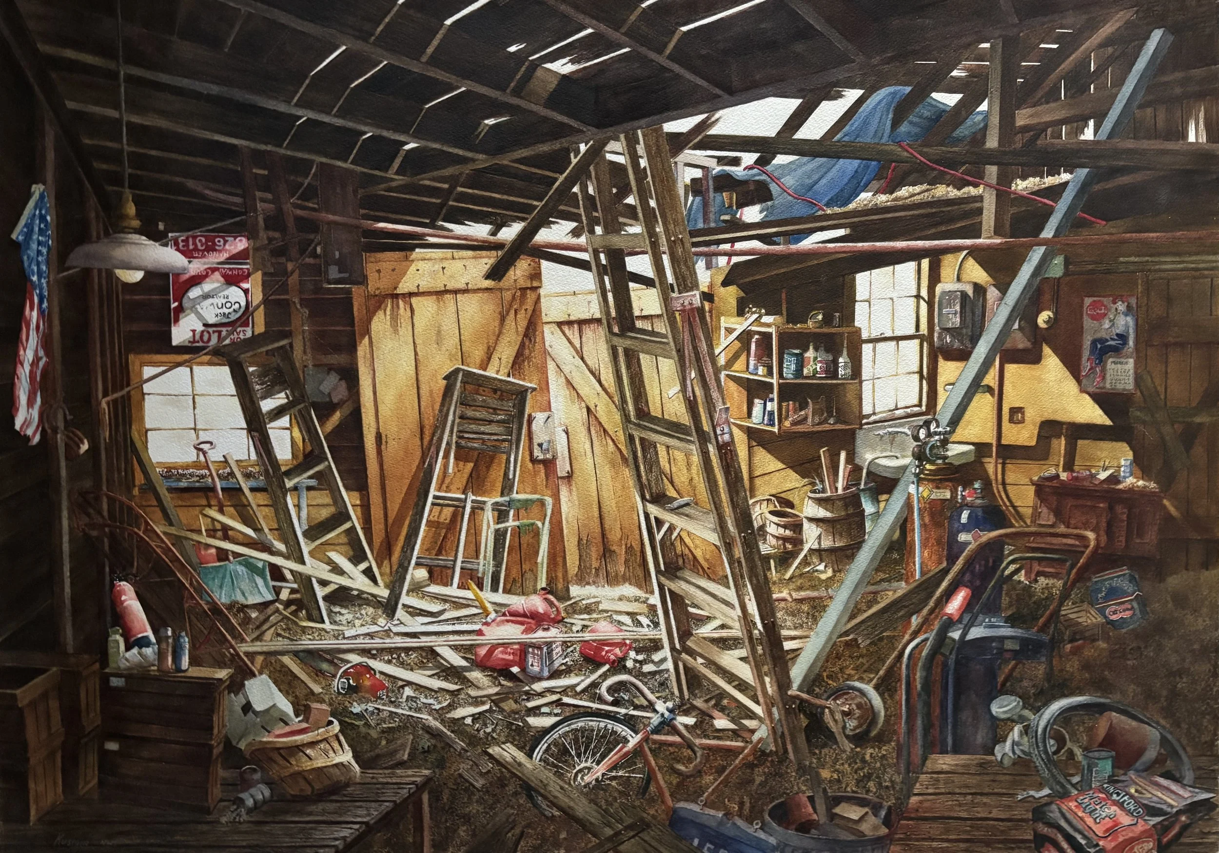 First Place Watercolor, Andrew Kusmin, "One Man's Journey",
Watercolor painting: compilation of 3 walls of his collapsing shack, cluttered with artifacts that reveal his passions, 
30x40 , $2,400