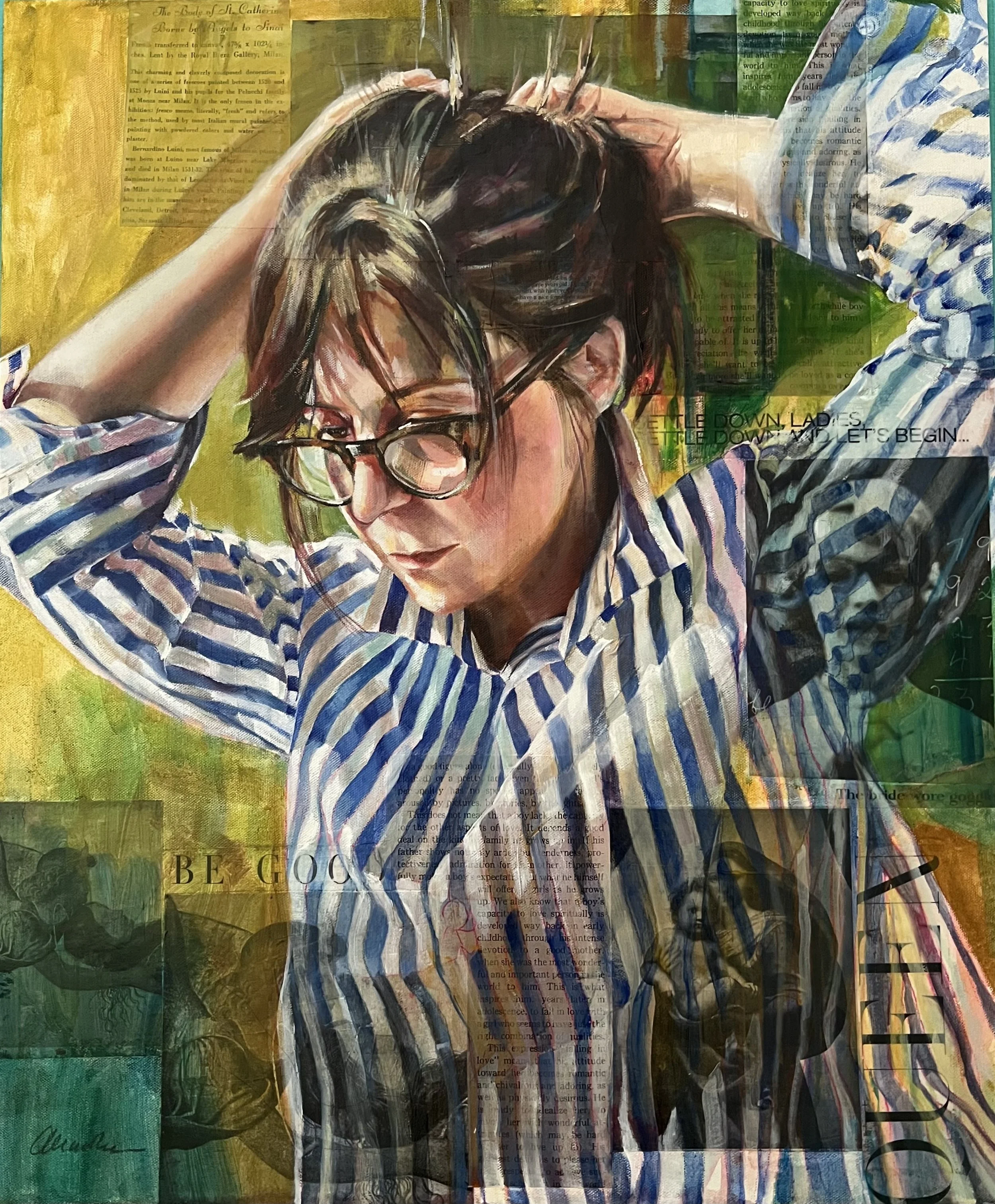 Christine Marohn, "Self Portrait (Mother Inferior)", Oil over vintage paper, $ 1,500