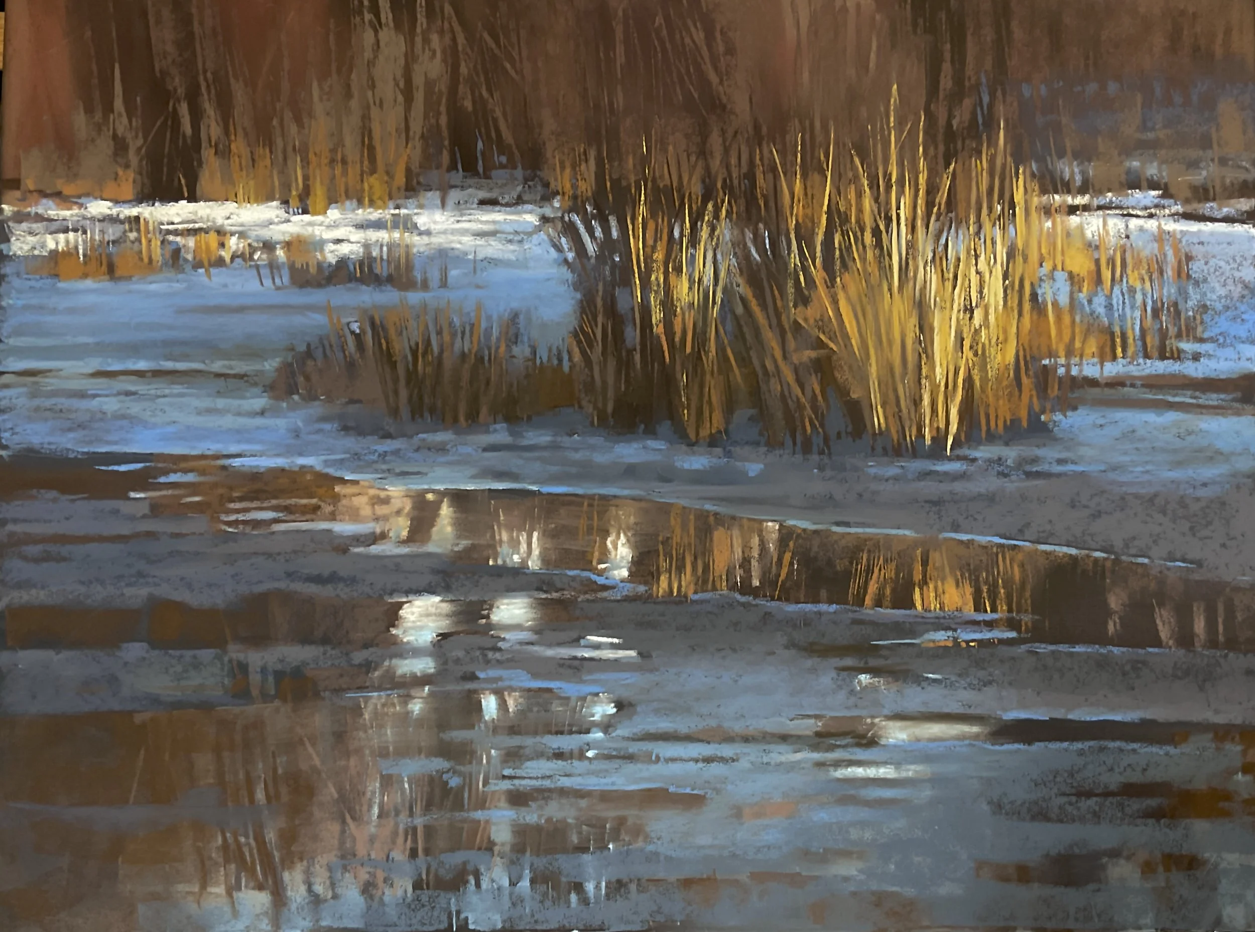 Liz Haywood-Sullivan, "Fire+Ice"; Last light of the day on a winter marsh pond.	24x18, Pastel, $5,200