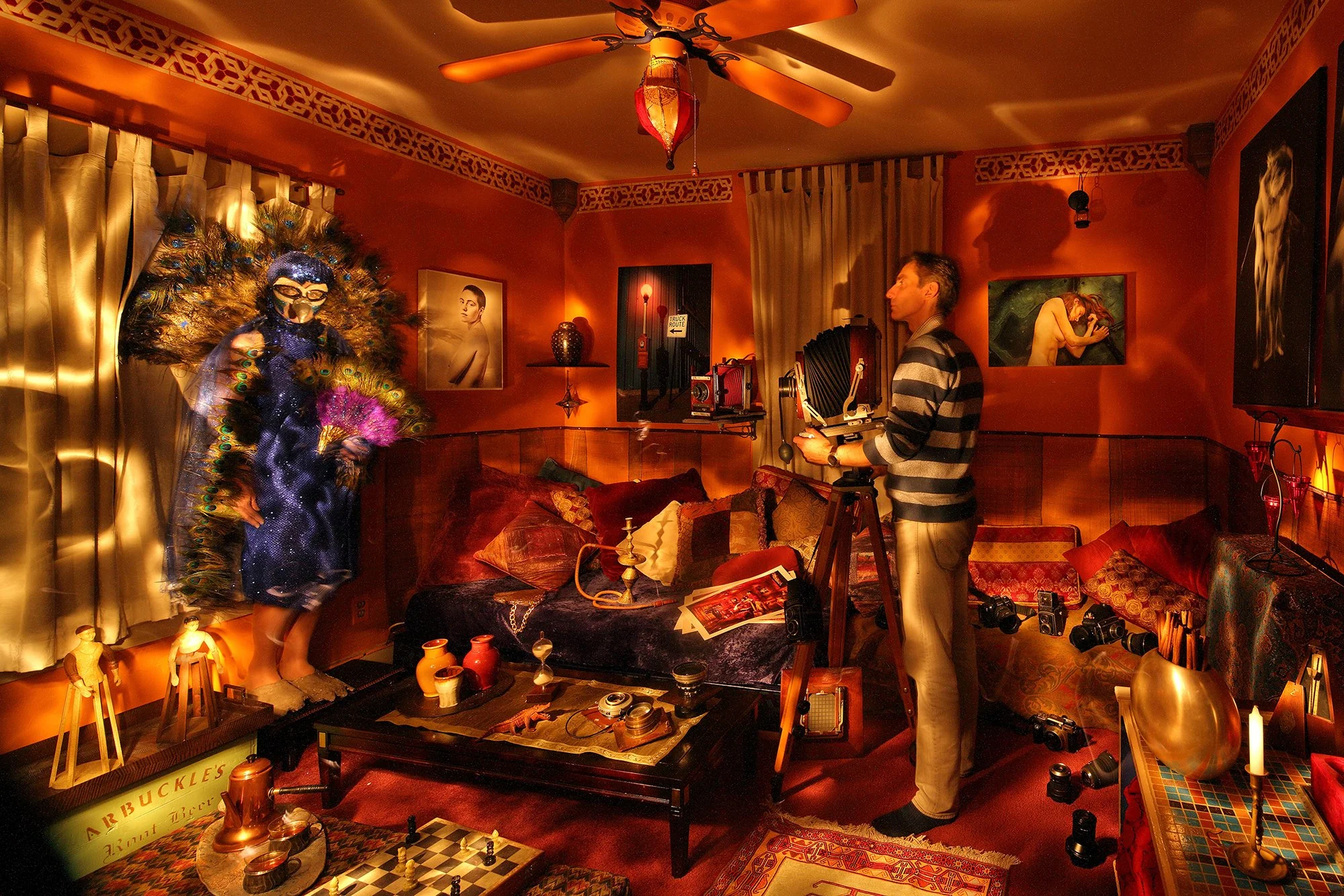 Paul Weiner, "Capturing a Peacock", Flashlight portrait of the artist, 9.5 x 14.5, 	Photograph	 $ 2,000.00 