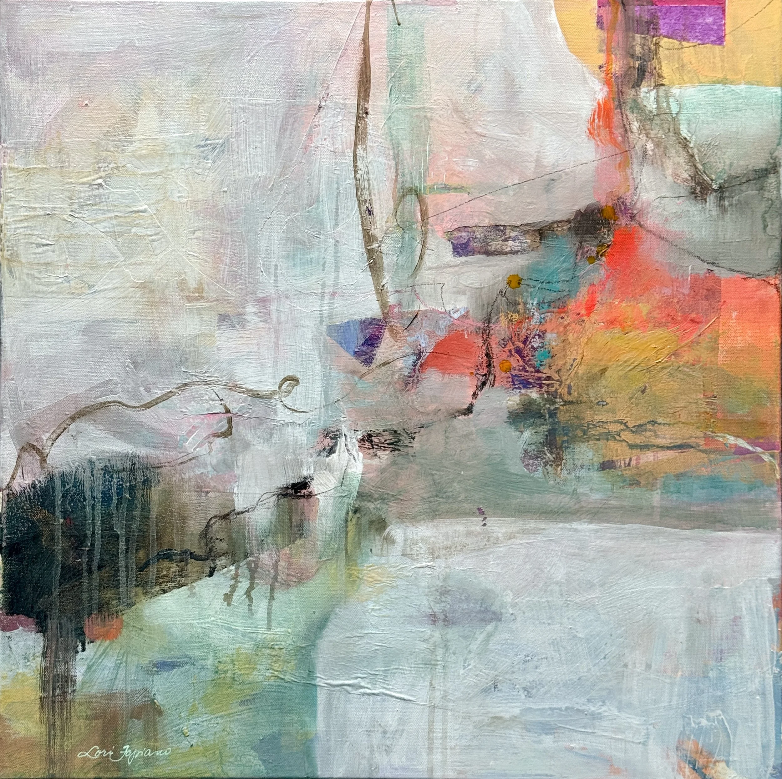 Lori Fopiano, "Laughing Eyes and Simple Ways". This work invites the viewer into a world where calmness and spontaneity coexist in gentle balance. Delicate lines and textured layers move across this canvas, suggesting the fleeting gestures, expressio