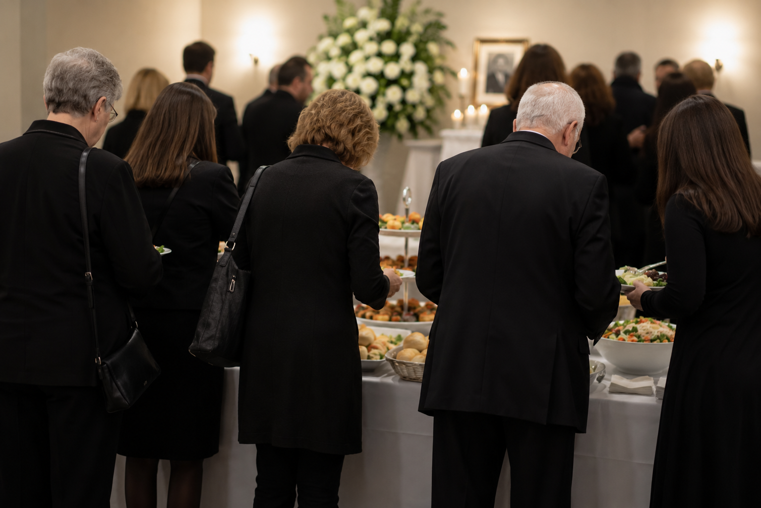 Guests enjoying food at a funeral