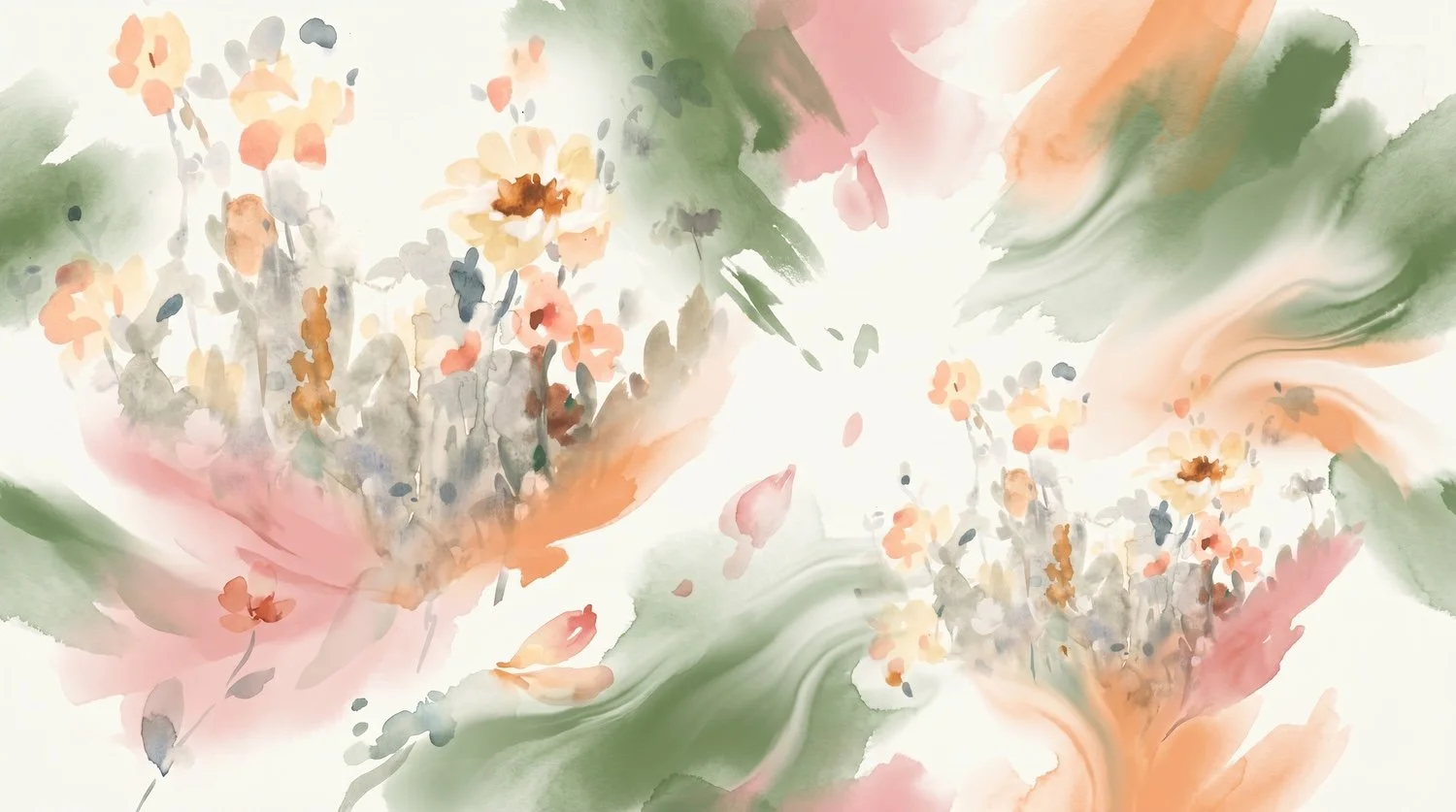 Abstract watercolor painting using Wildsite Co. brand colors including pink, green, peach, yellow, and gray, featuring floral and leaf motifs.