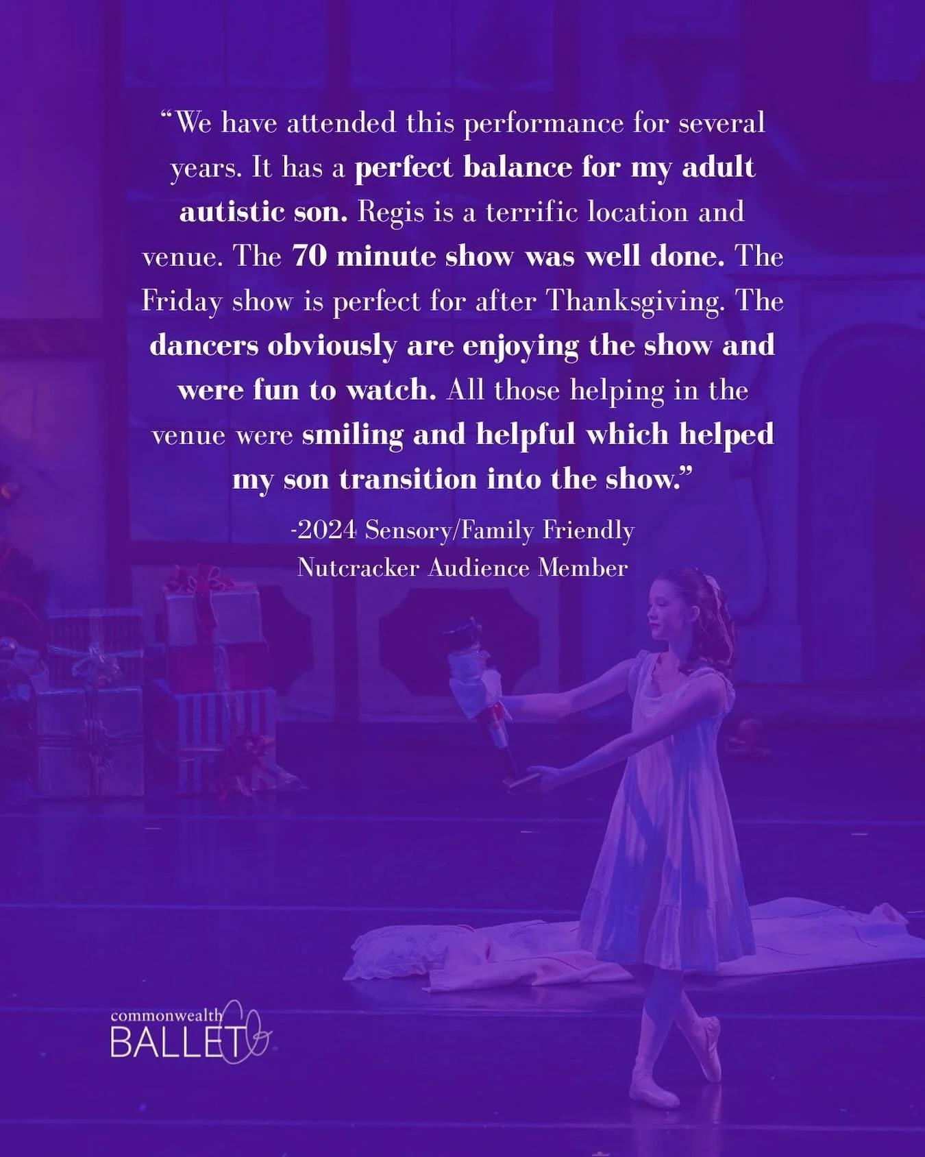 Our Sensory &amp; Family Friendly performance of The Nutcracker was created with the intention of making our ballet accessible to as many members of our community as possible! ❄️

✨Check out what one of our 2024 audience members had to say about thei