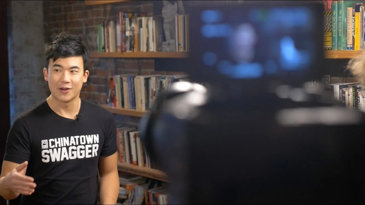 Simon Tam being interviewed for ReasonTV on his Supreme Court case.