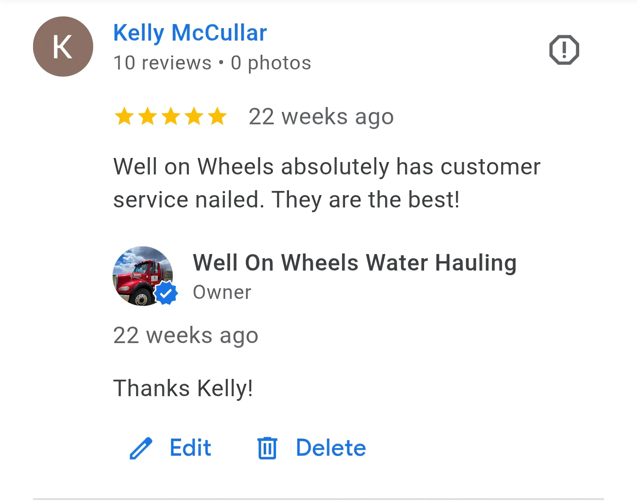 Online review for Well On Wheels Water Hauling showing five stars, comments about excellent customer service, and a profile picture of a red water hauling truck.
