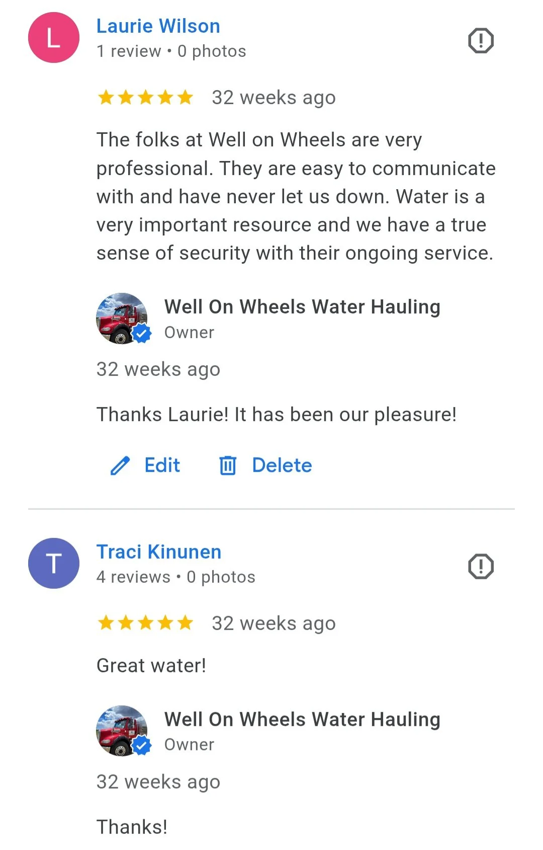 Screenshot of customer reviews for Well On Wheels Water Hauling, with comments praising their professionalism and water service, along with the company's owner reply.