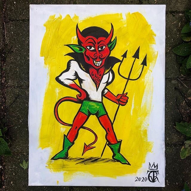 &ldquo;Don Diablo&rdquo; the playboy cartoon Devil&rdquo; a.k.a Slick Satan🔥. . (Fun fact, his chest hair is made by 6 sixes 👹🤘🏻) #dondiablo #slicksatan #666666 #acrylic and #ink on #canvas for sale #artforsale #devil #diablo #cartoon