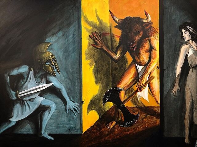 &ldquo;In the Minotaur&rsquo;s labyrinth&rdquo; #acrylicpainting on #canvas 75 / 115 cm finished varnished and for sale ✨ #minotaur #theseus #labyrinth #mythology #greekmythology #painting #metal #artforsale