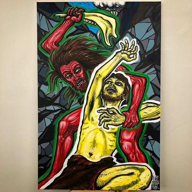 Kain &amp; Abel  #acrylic on #canvas 115 / 75 cm.  This very  violent piece is actually an anti violence piece, I wanted to really show the rage and madness it would take for one man to kill another, and especially his own brother. I used Red and gre