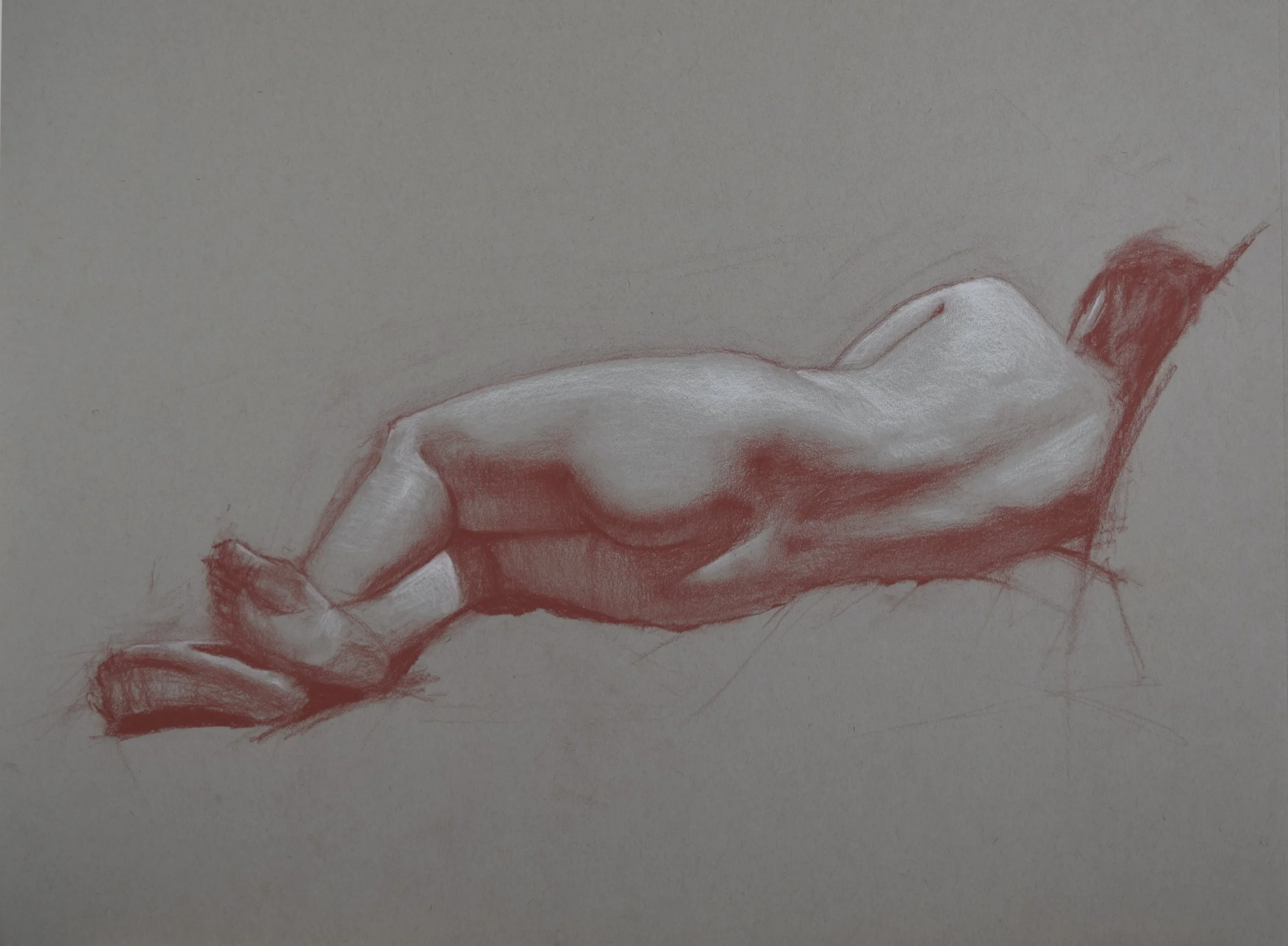 "Reclining Figure in Red" 2020 - 24 x 18, conte and chalk on toned paper