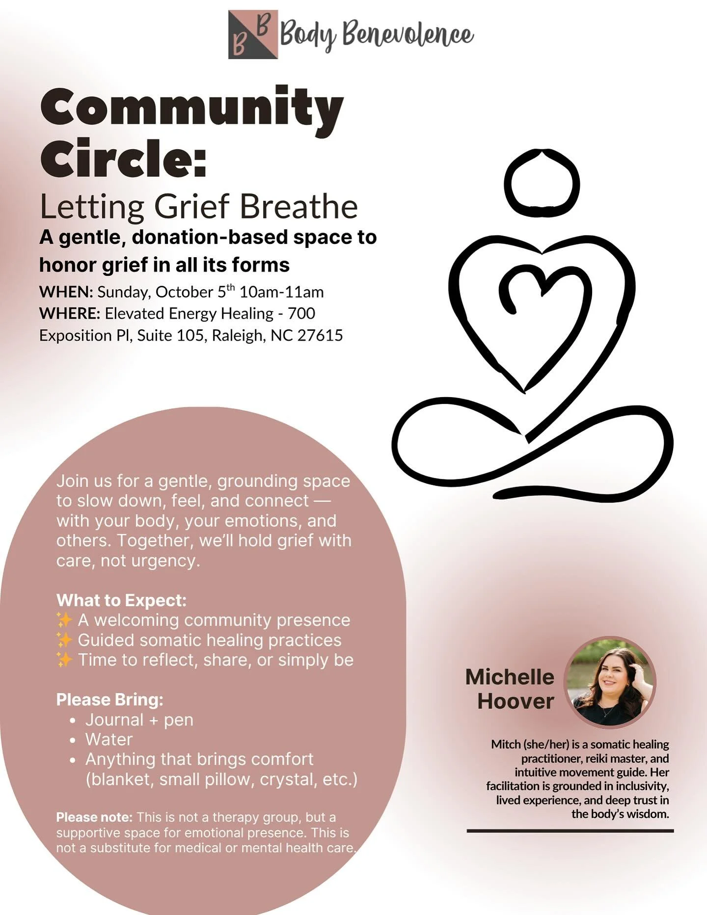 This Sunday! Come by and honor your grief, the many kinds you might be holding. 

DM with any questions- would love to see you there ❤️

#raleigh #somatichealing #griefsupport #raleighnc