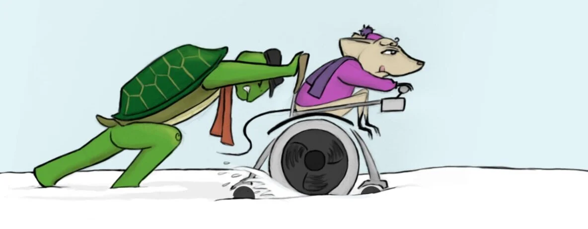 Illustration from the webcomic, "Horace & Abigail" showing Horace the Tortoise pushing Abigail Mouse in her power wheelchair through the snow.