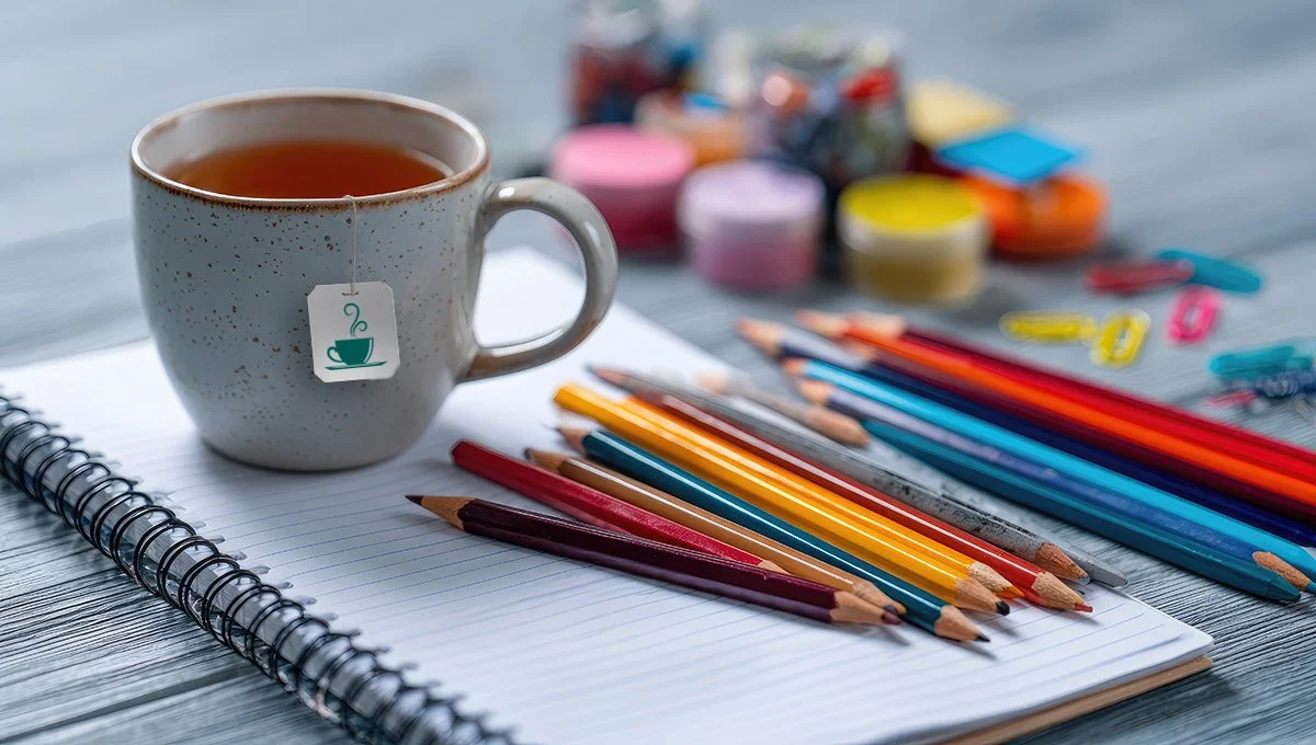 A cup of tea sits a top a journal alongside pencil crayons, paints and other art supplies.