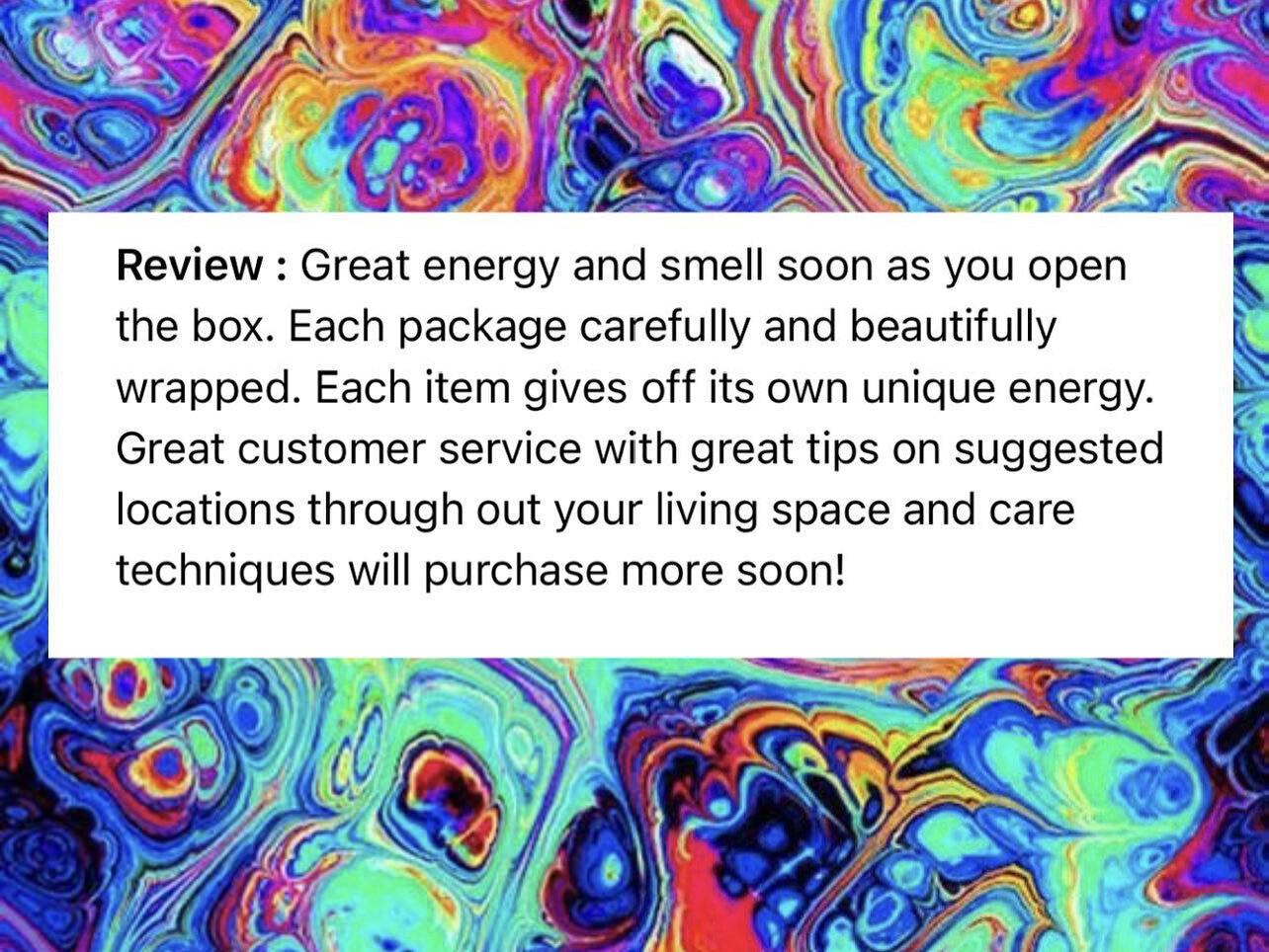 A white text box with a review about packaging placed against a vibrant, colorful, abstract psychedelic background.
