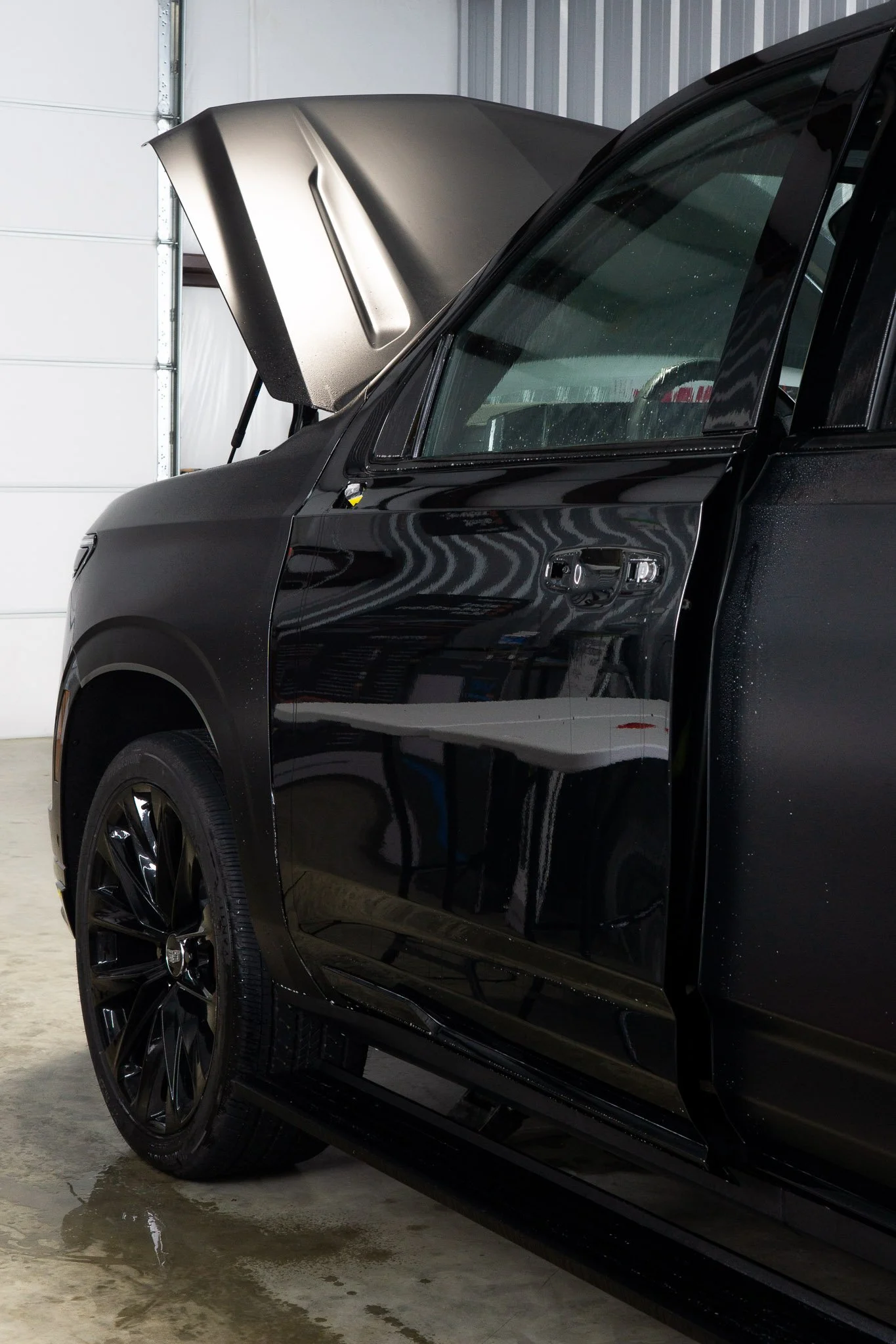 Side profile of a black Cadillac Escalade with hood open, showing paint protection film coverage on the front fender and door - EIGHTYNINE VWS PPF service in Little Elm, TX