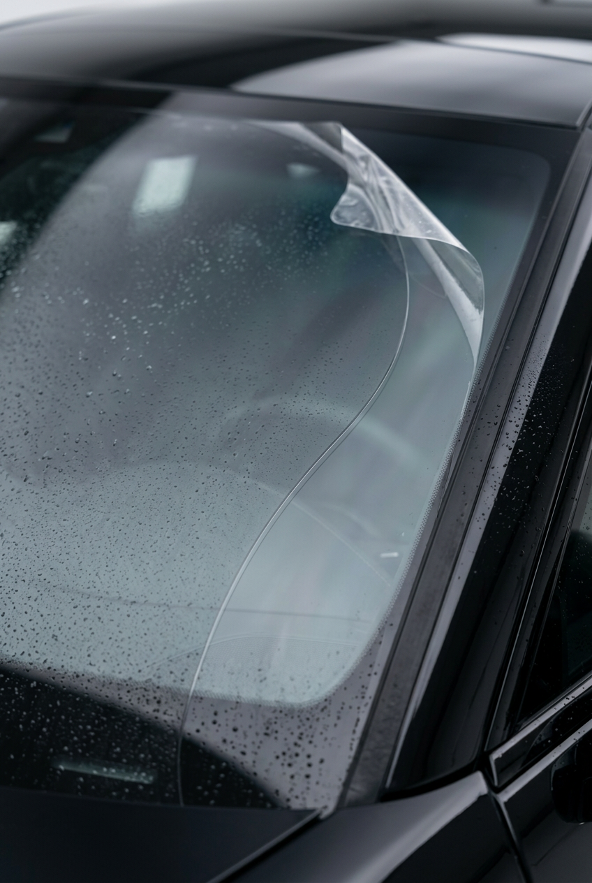 Close-up of rain droplets beading on a windshield protected by EIGHTYNINE VWS's windshield protection film, installed in Little Elm, TX