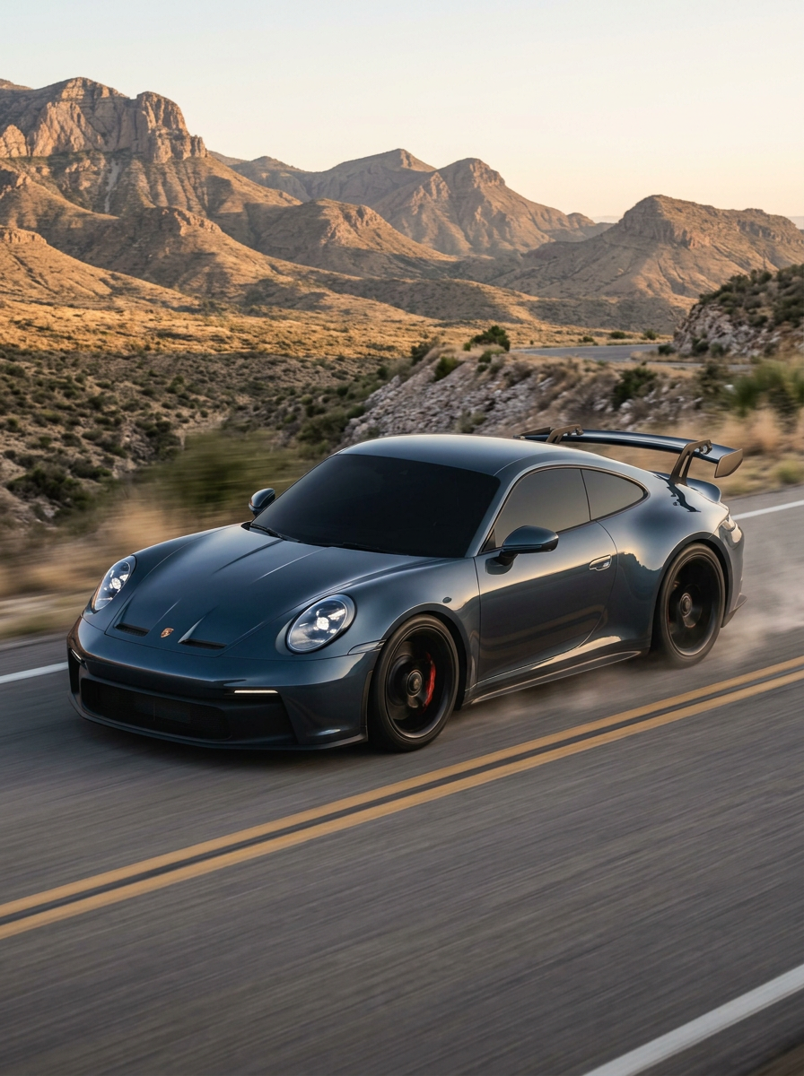 Blue-gray Porsche 911 GT3 driving on a desert highway, protected with clear paint protection film - EIGHTYNINE VWS PPF services in Little Elm, TX