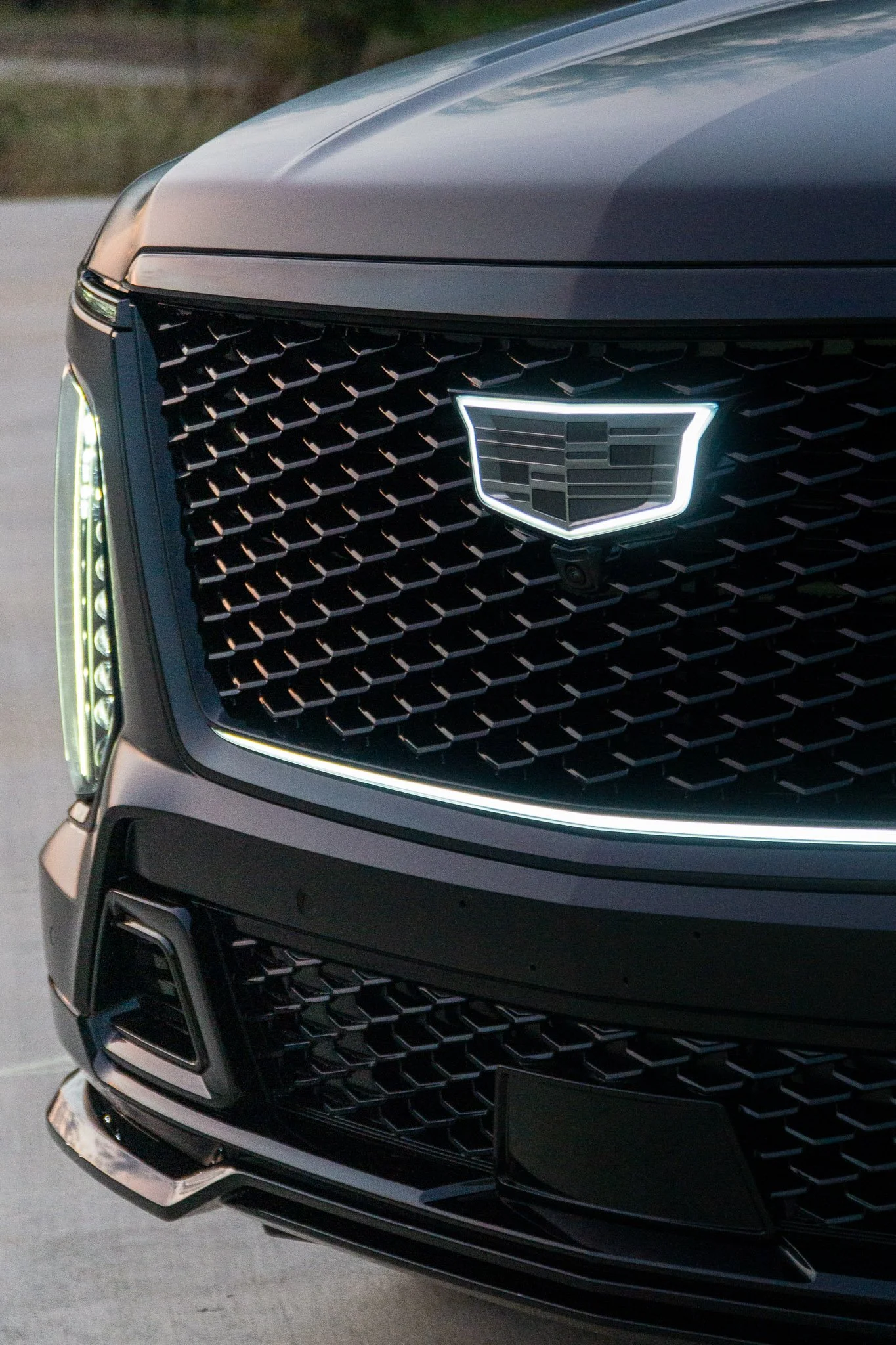 Close-up of a black Cadillac Escalade's front grille and LED headlight with Cadillac crest visible, protected by paint protection film - EIGHTYNINE VWS PPF service in Little Elm, TX