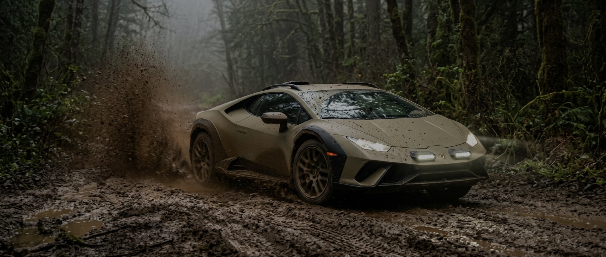 Olive green sports car driving through a muddy forest trail with mud splatter on the windshield, illustrating the road hazards that EIGHTYNINE VWS's windshield protection film in Little Elm, TX helps prevent