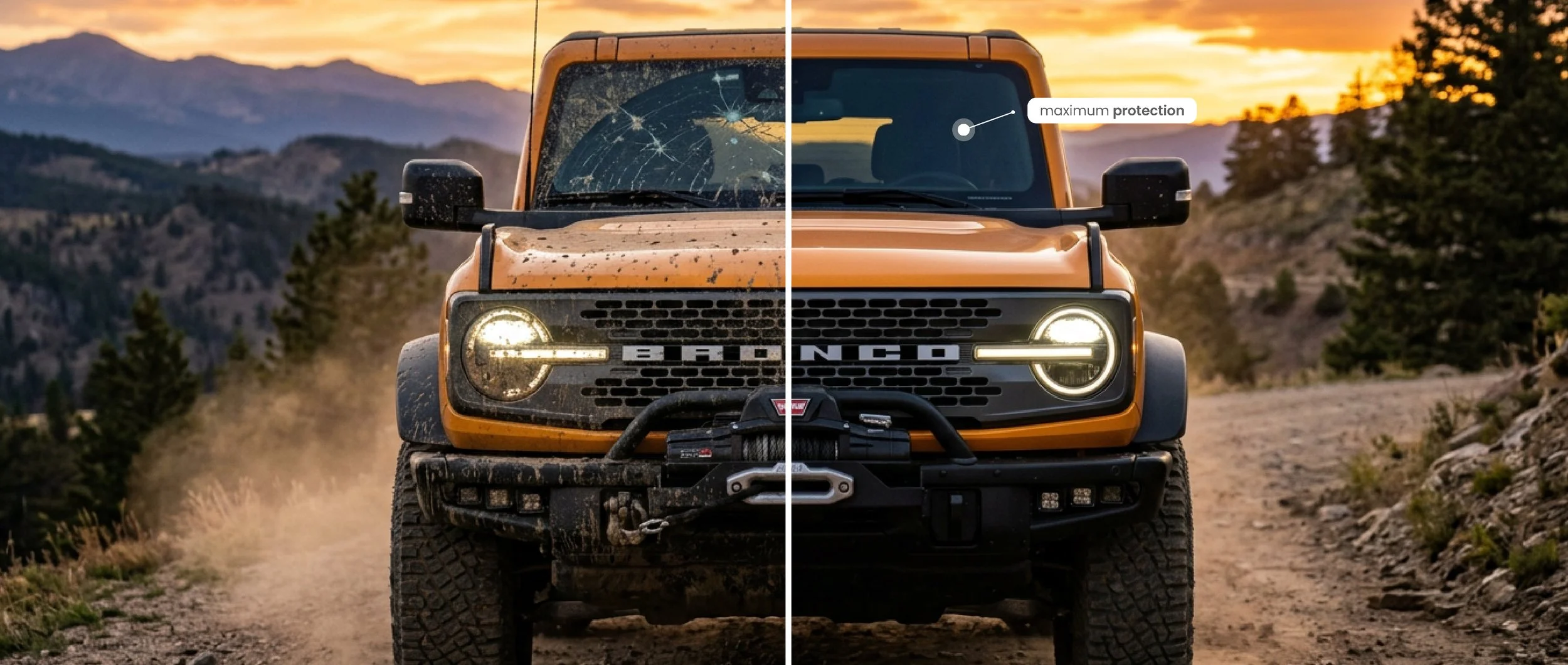Before and after comparison of an orange Ford Bronco's cracked, rock-chipped windshield versus a clear windshield protected by EIGHTYNINE VWS's windshield protection film in Little Elm, TX