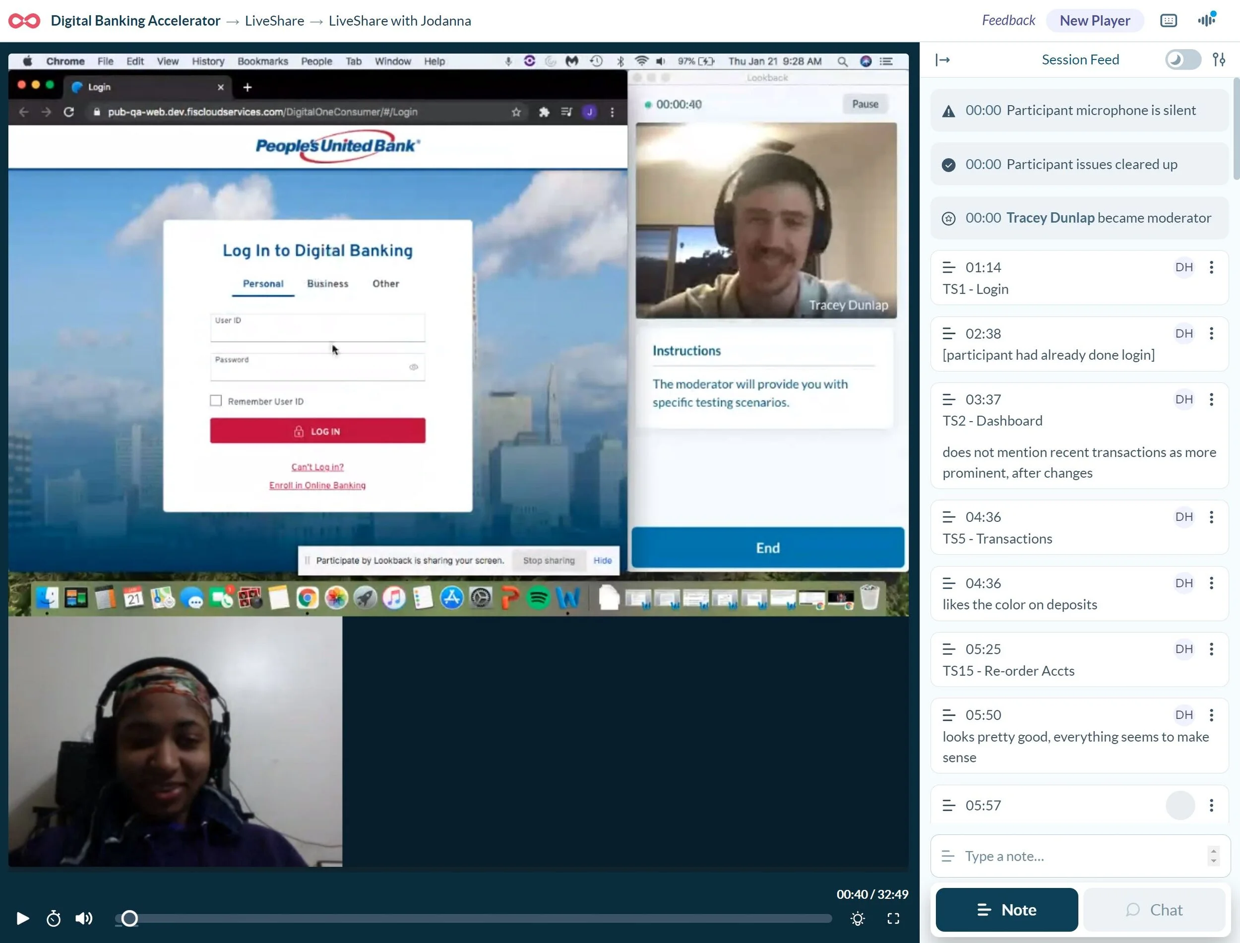 We moderated and recorded sessions in Lookback.  For notes, I developed a system to flag our Task-Scenarios as well as other key metrics.