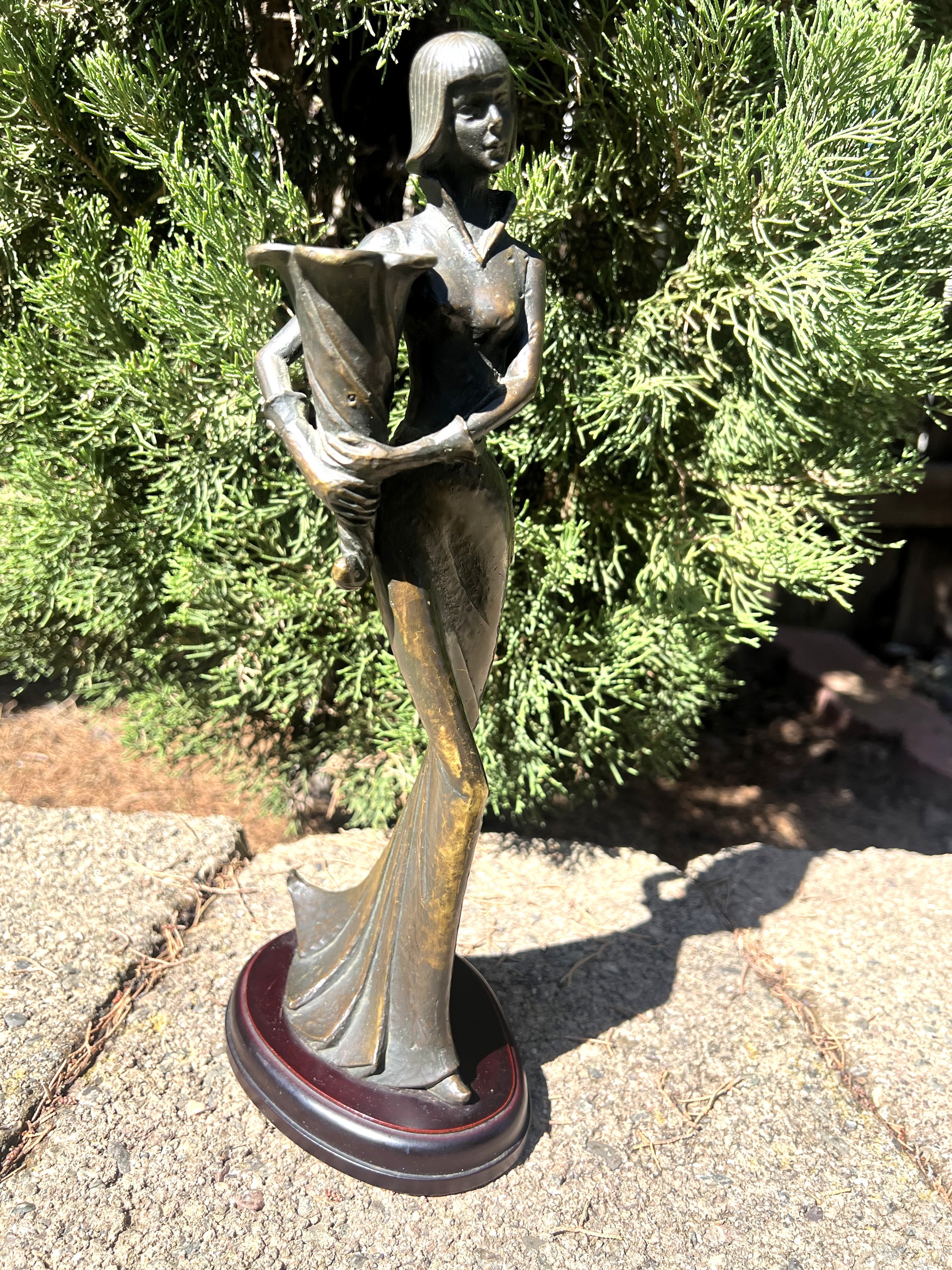 Vintage Bronze Statue Woman Holding Cornucopia Signed Rena L. Monet