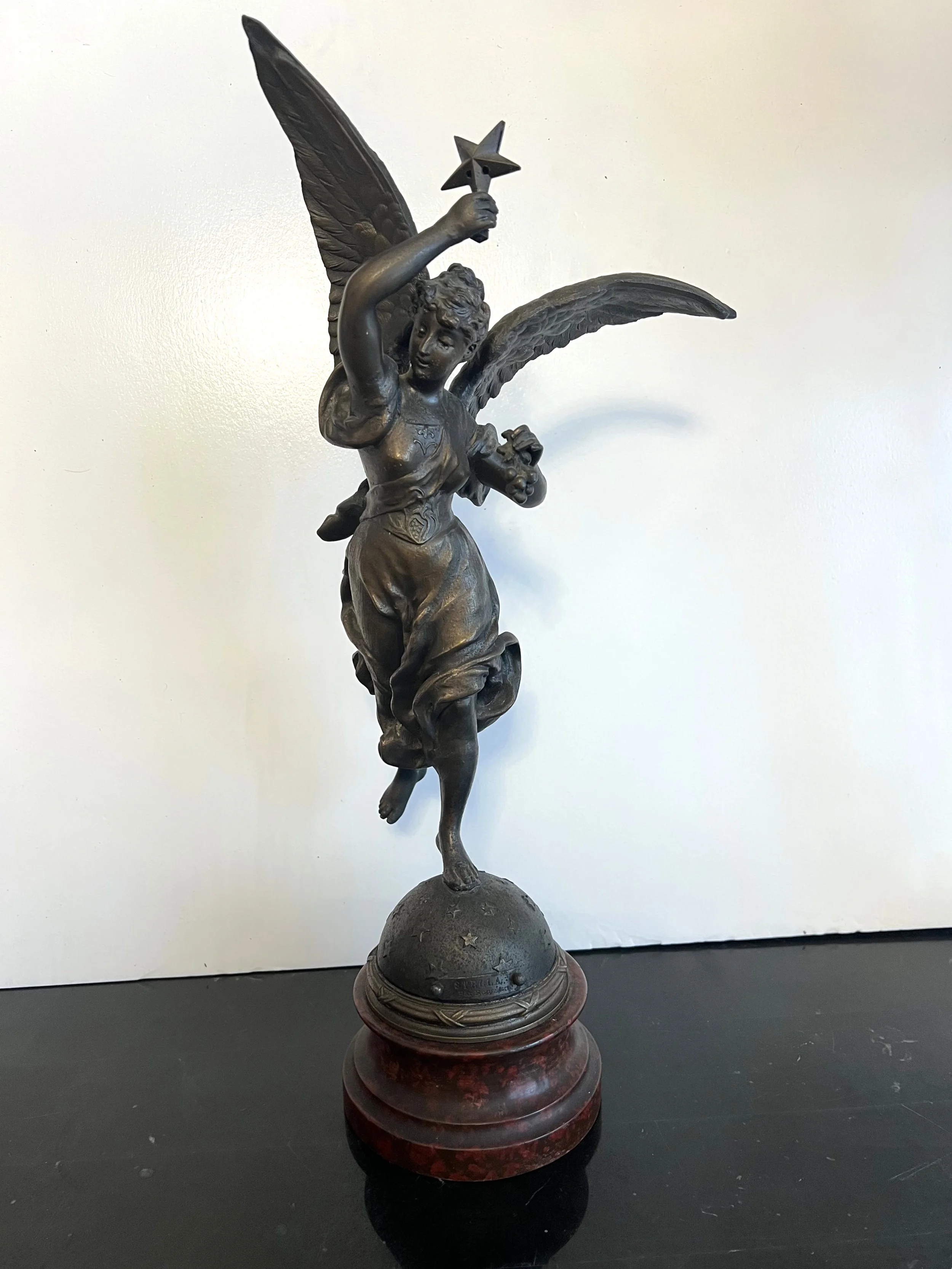 Bronze Statue "Stelle" Winged Woman Angel Standing On Stared Globe Signed Par Rousseau