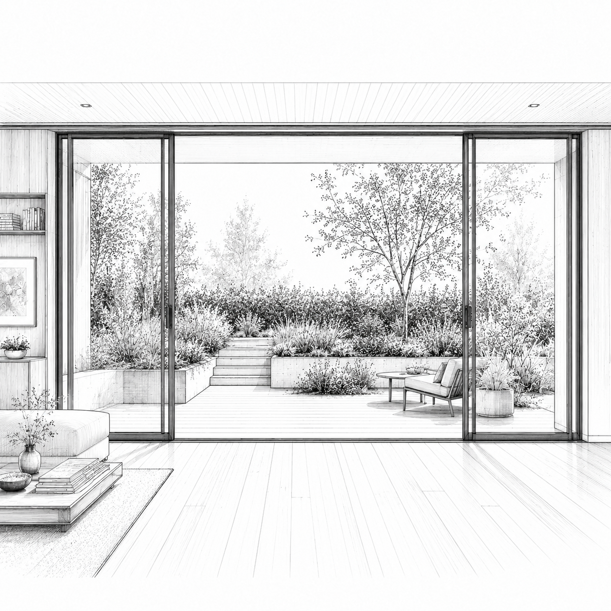 Black and white sketch of a modern living room with large sliding glass doors opening onto a patio with outdoor seating, steps, and lush garden with trees and shrubs.