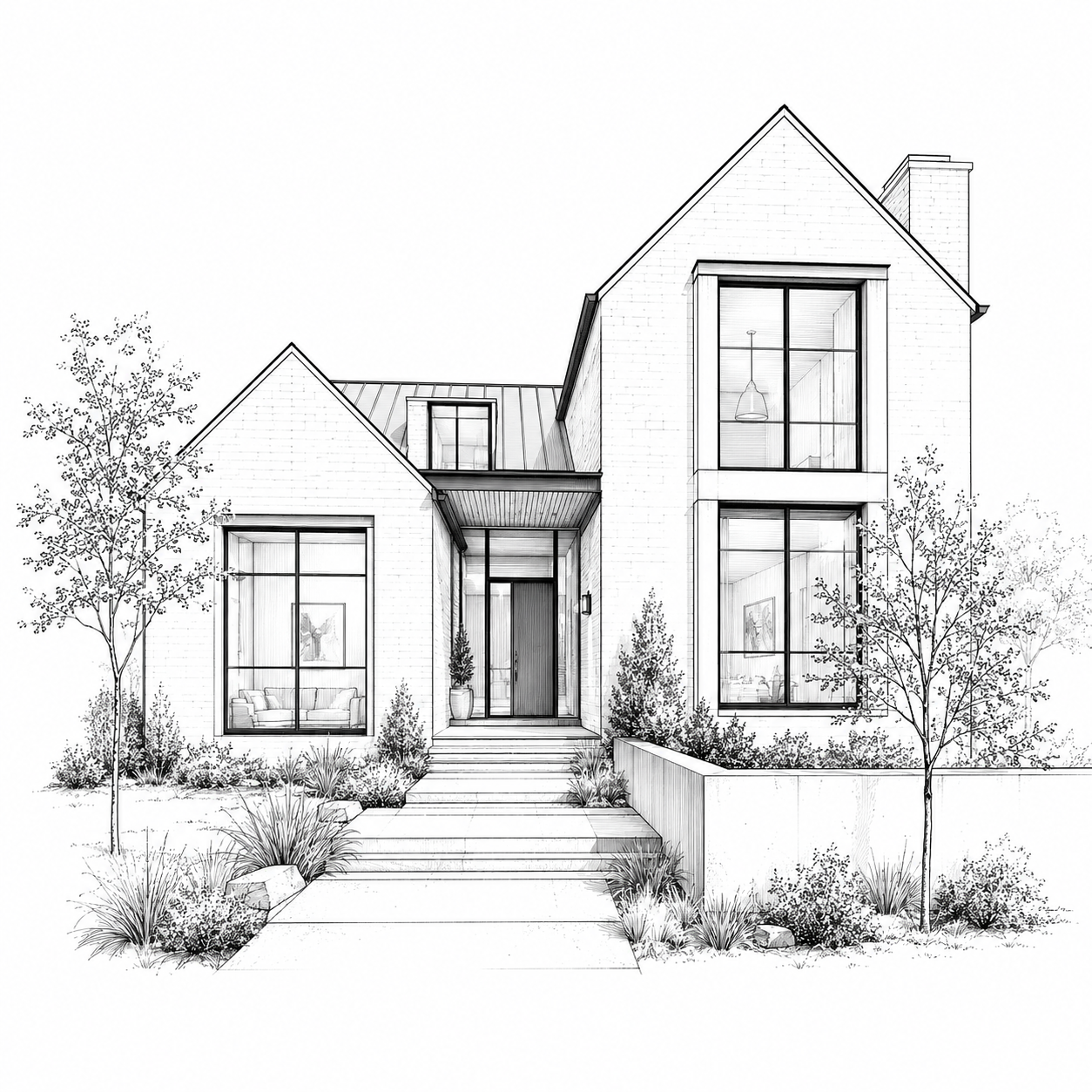 Illustration of a modern two-story house with large windows, front steps, and surrounding landscaping, including trees and shrubs.