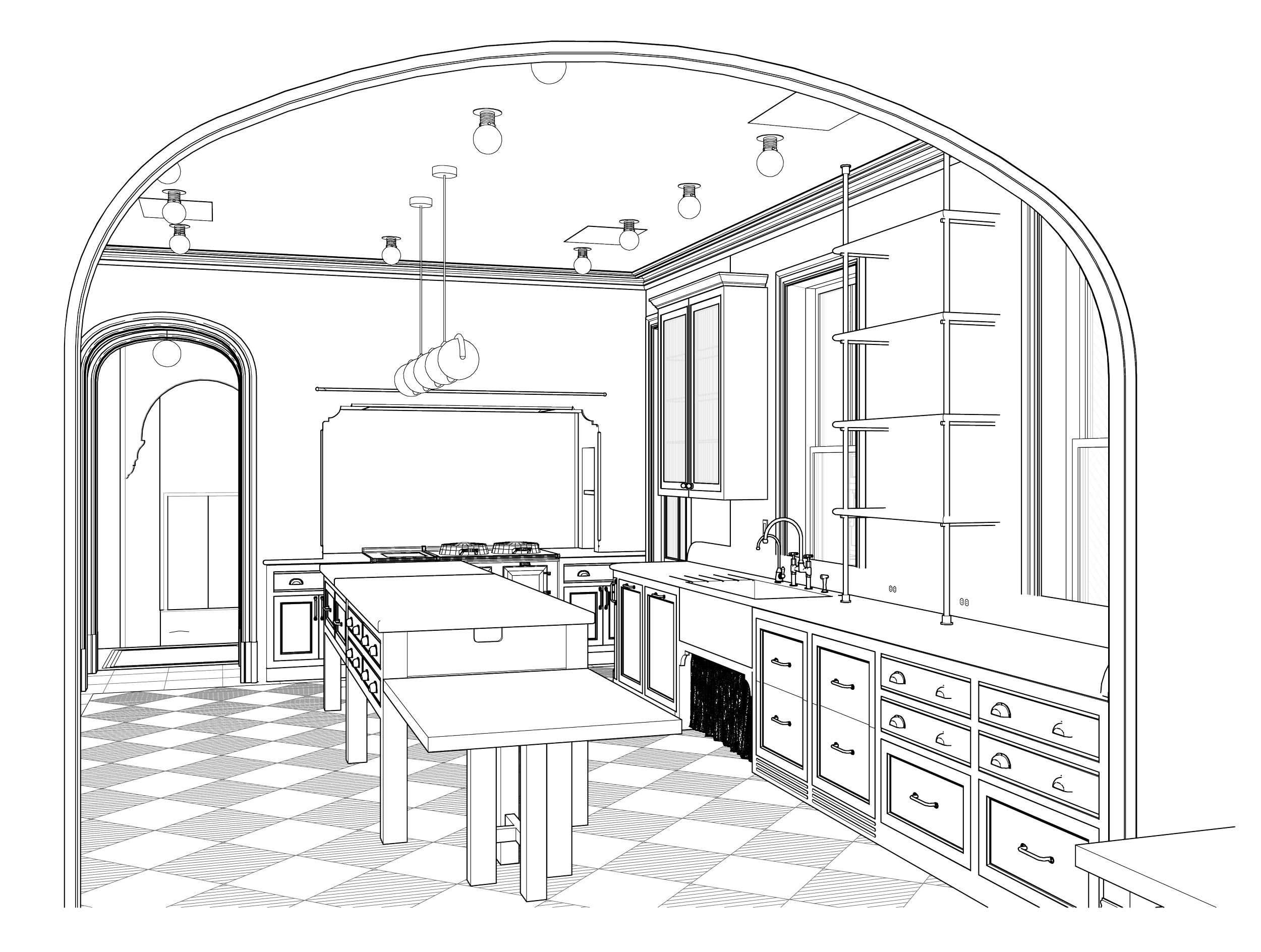 A black and white line drawing of a spacious kitchen with an arched ceiling. The kitchen features wooden cabinets, a large kitchen island, and open shelving. There are multiple ceiling lights and a patterned floor.